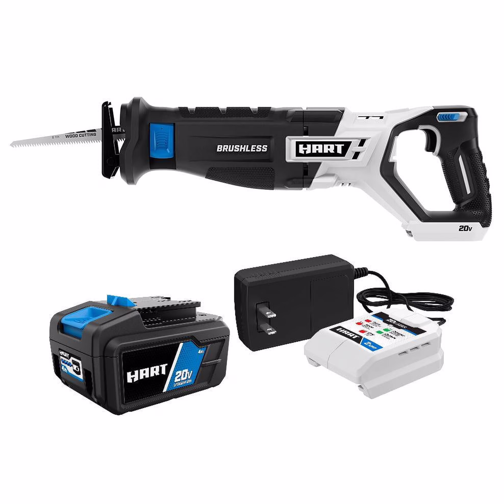 HART 20 - Volt Brushless Reciprocating Saw with 4ah Battery and Charger Starter Kit Bundle