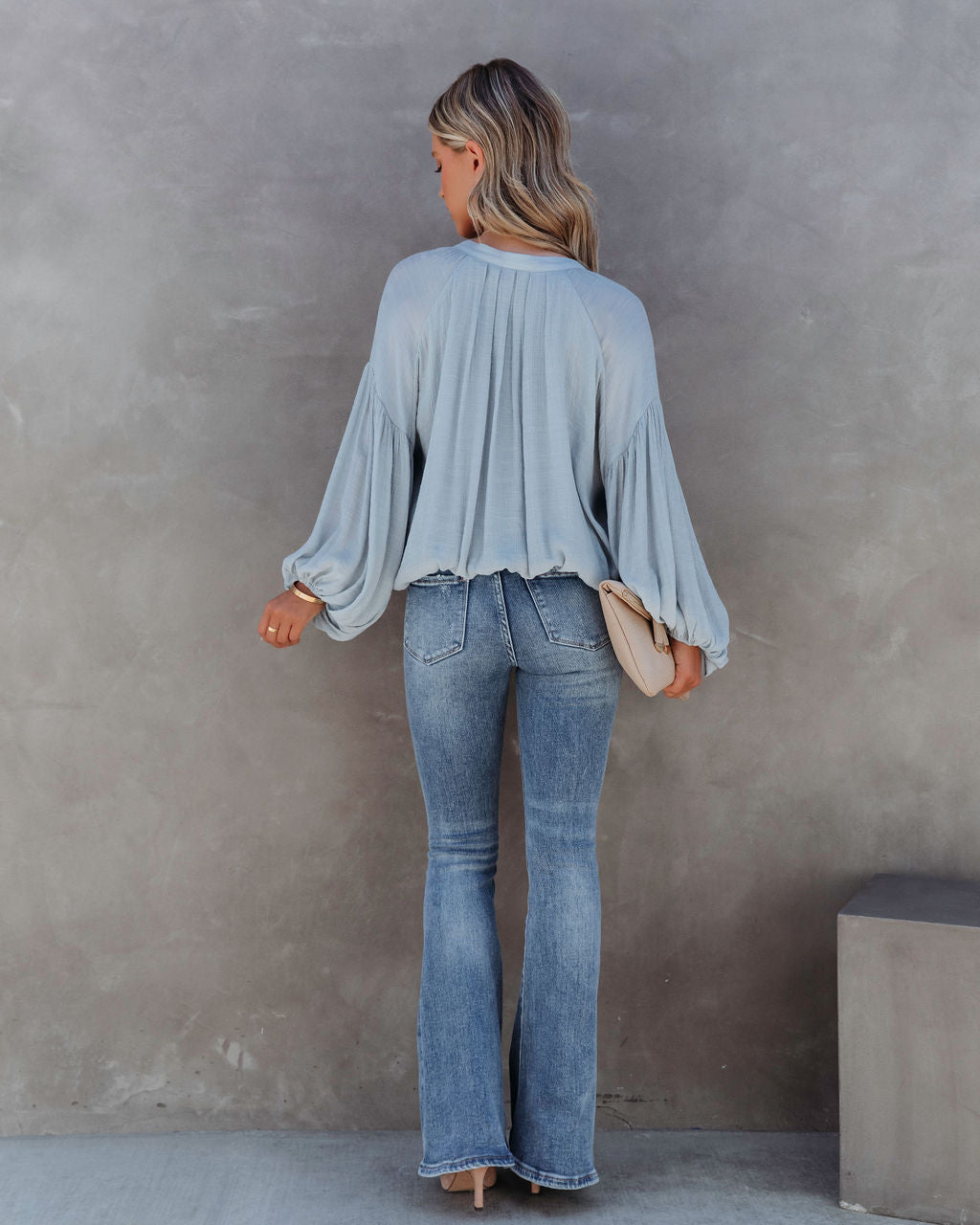 Bodhi Balloon Sleeve Button Up Top - Light Blue - Se7enfashion