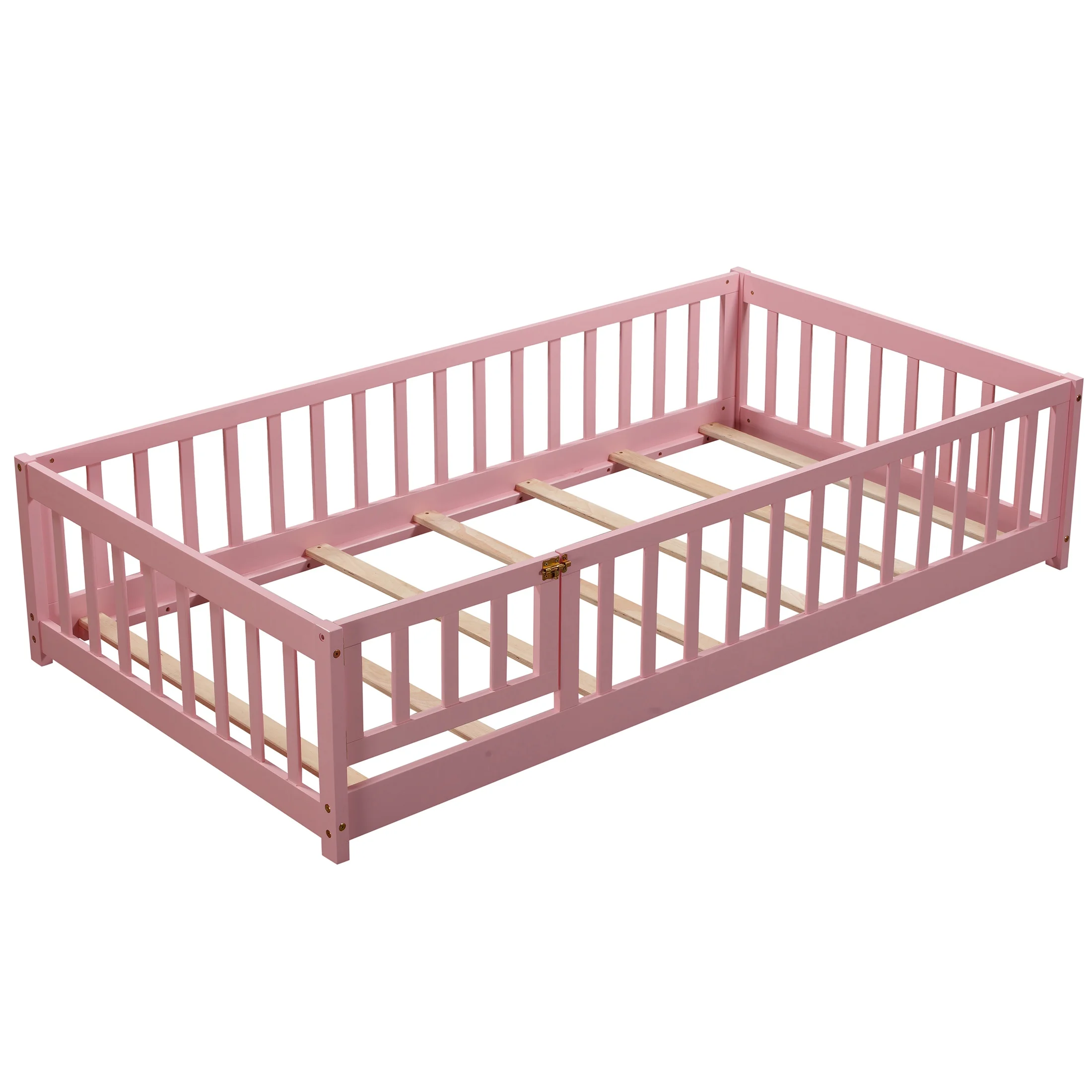 UHOMEPRO Twin Size Floor Bed with Door and Fence, Montessori Floor Bed with Slats and Safety Guardrails, Solid Wood Twin Bed Frame for Bedroom, White - Image 52
