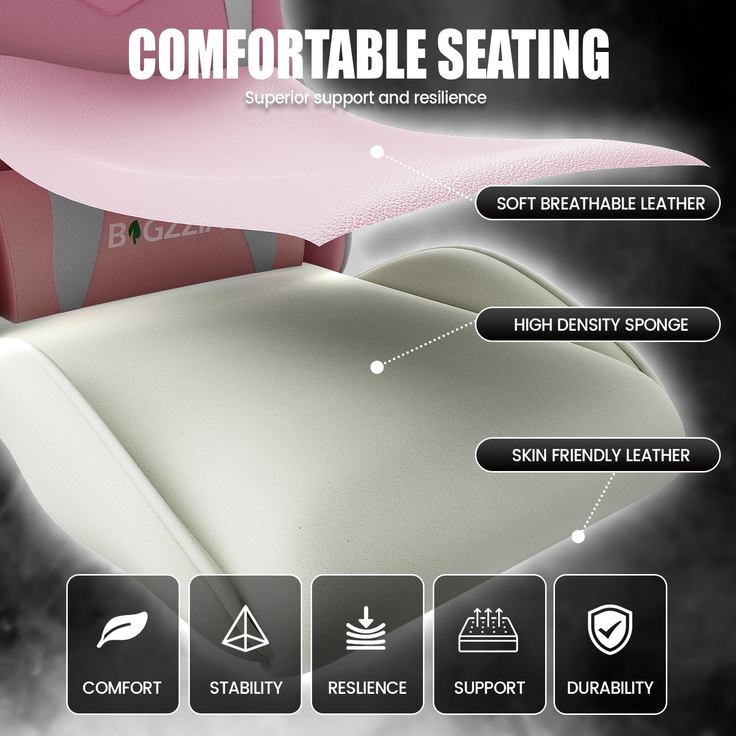 Bigzzia Gaming Chair Office Chair, Ergonomic Game Chair with Height Adjustable Headrest and Lumbar Support for Adults Teens, Black & White - Image 59