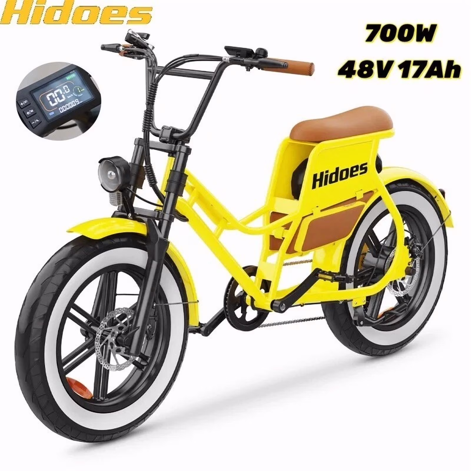 ?hidoes Electric Bike for Adults - 20" Fat Tire Retro Cruiser, 7 - Speed E - Bike with Cruise Control Accessories (Pump/Leather Seat)(Yellow)