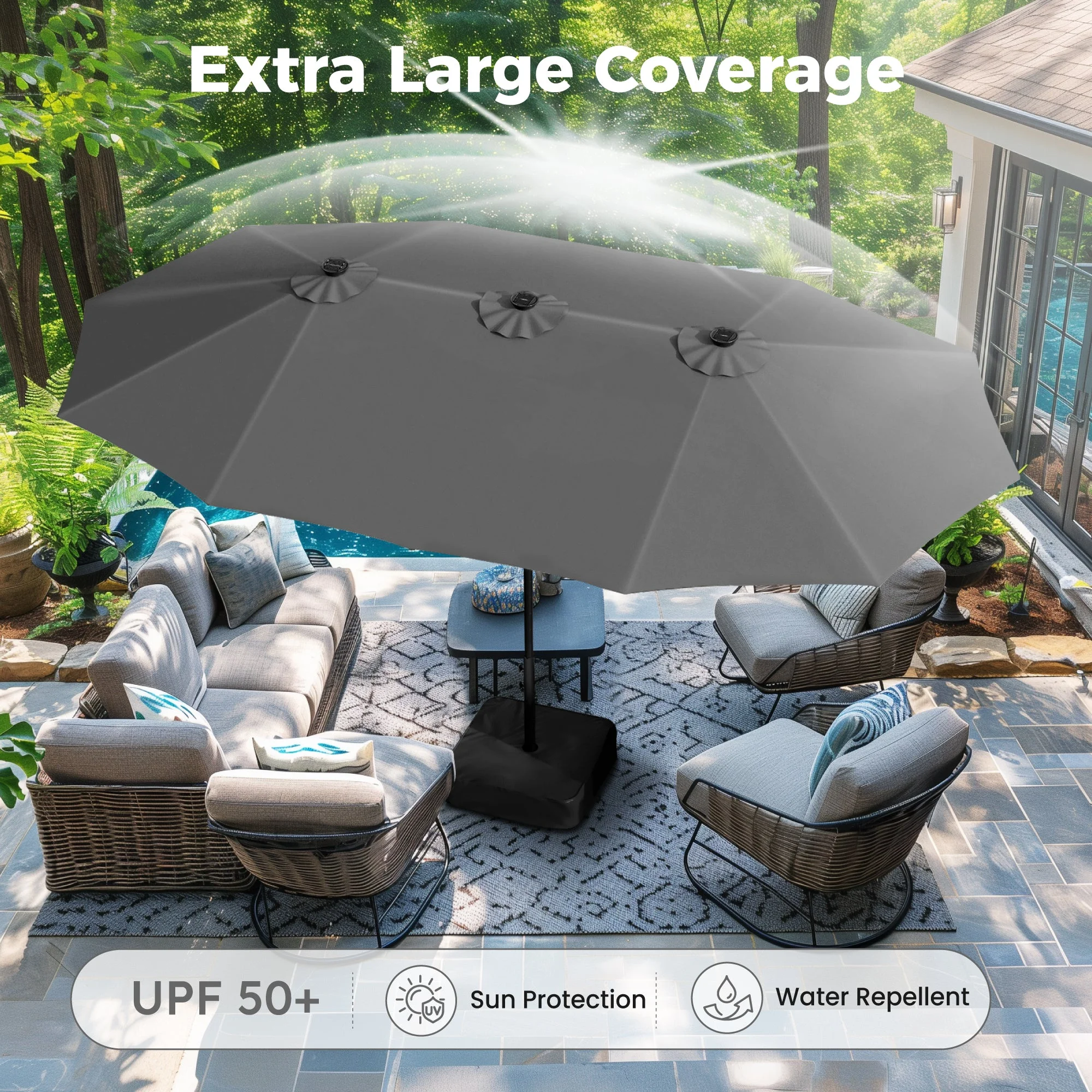 Alpha Joy 15ft Extra Large Outdoor Patio Double-Sided Umbrella with LED Solar Lights & Umbrella Base, Beige - Image 37