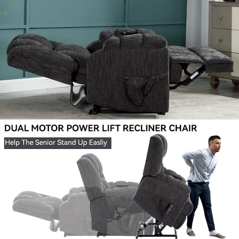 Grey Oversized Chenille Power Lift Recliner with Massage, Heating, and Flat Lay Feature
