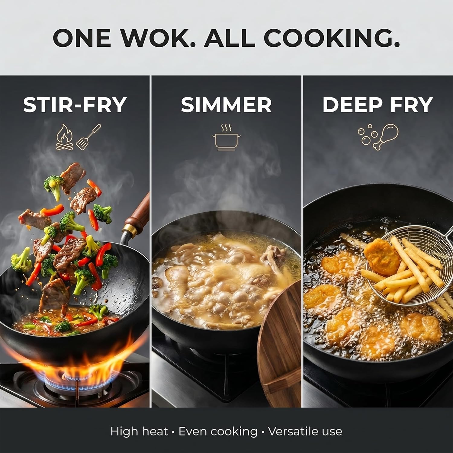 Cast Iron Wok Japanese Cookware with Lid Pan Cooking Thick Soup Hand Hammered Frying Pot Hotpot Mini Small Asian Non-stick Upgraded Sauce Steel Carbon Deep Enamel Skillet(No Lid,11in)