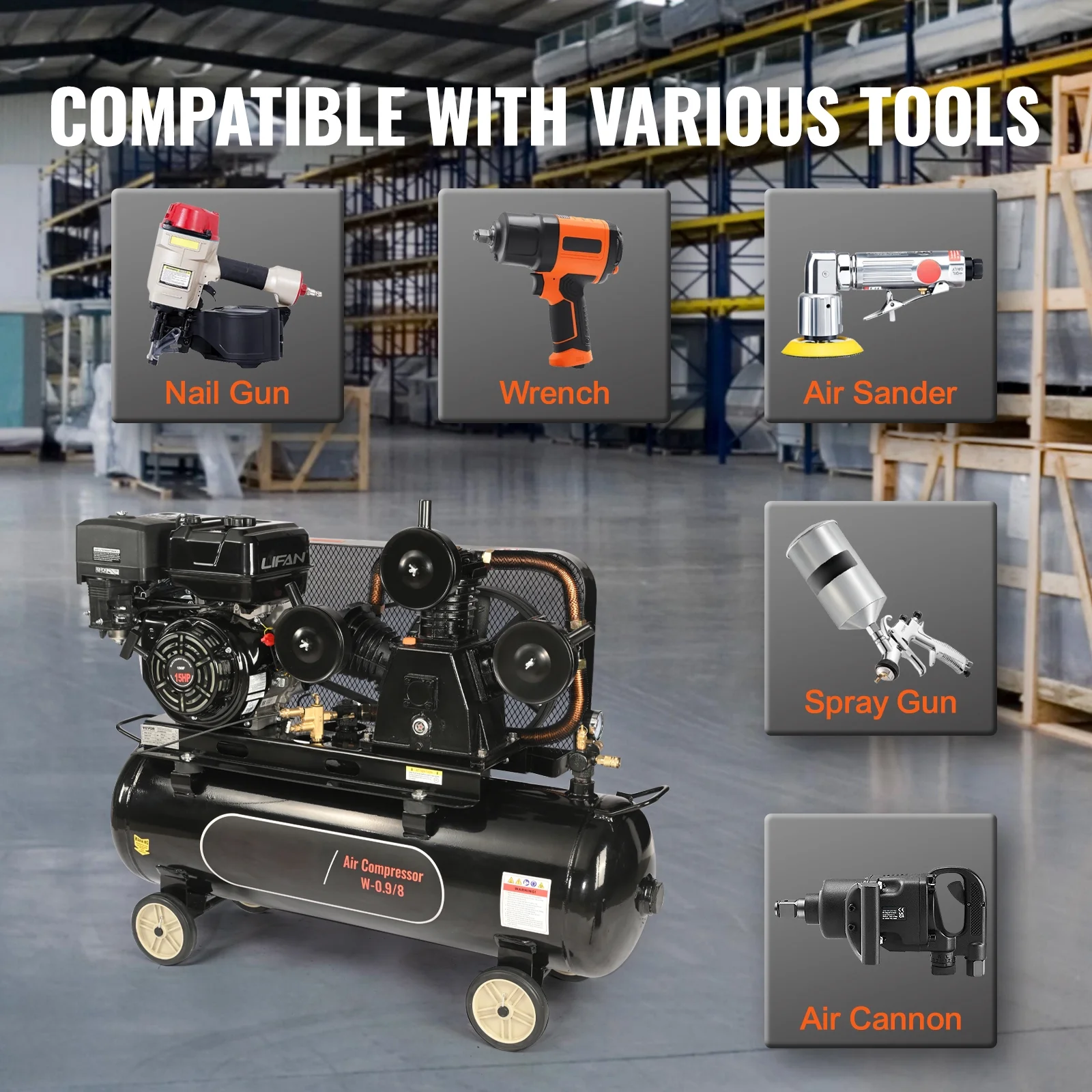 KFFKFF 15HP Gas-Fueled Air Compressor, 30 Gallon Horizontal Compressor Tank, 33CFM@115PSI Gas Propelled Piston Pump Compressed Air System with 115PSI Maximum Pressure for Building Sites Workshop - Image 6