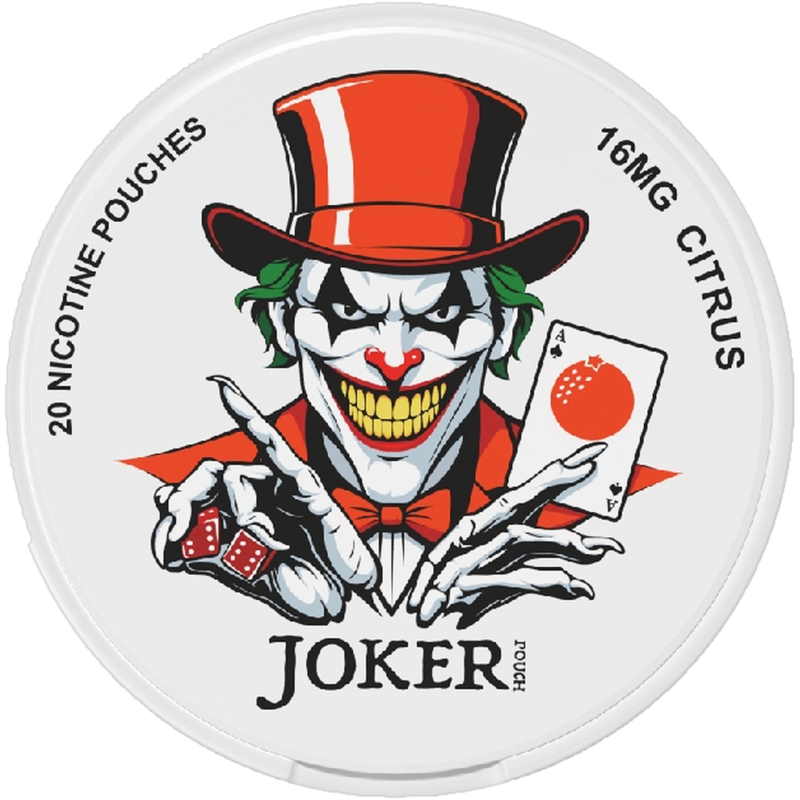 Joker Citrus 16mg nicotine pouches — Slim Moist Pouch can with 20 extra strong citrus pouches