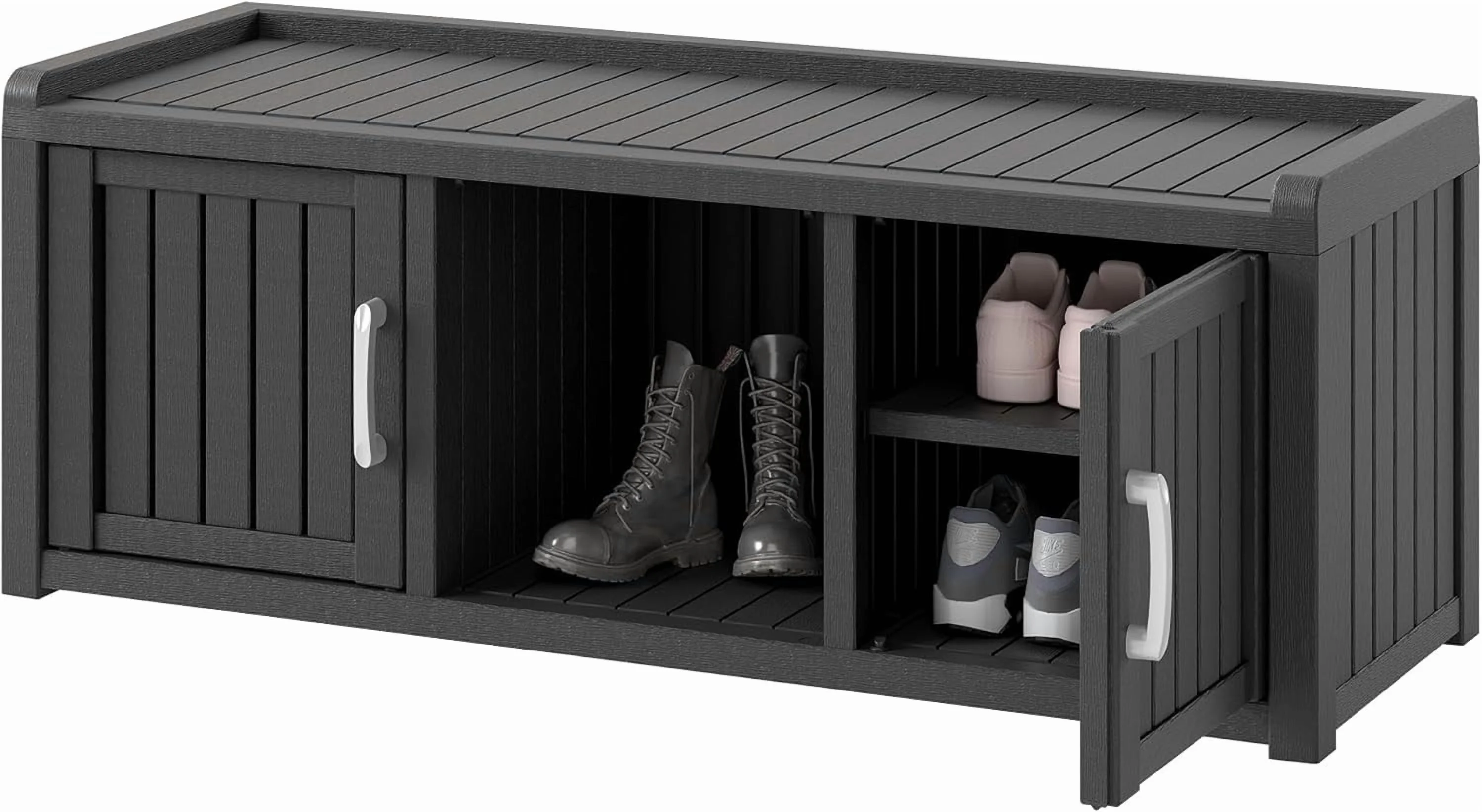KAMABOKO Outdoor Shoe Storage Cabinet, Waterproof UV-Resistant Entryway Storage Bench Indoor Outdoor with 2 Barn Doors, Adjustable Shelves for Entryway, Bedroom, Hallway,Living Room(Black) - Image 11