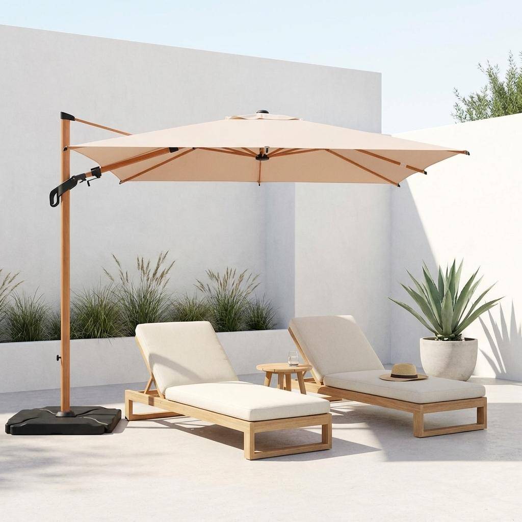 Etretat + Base 50 - Parasol excéntrico cuadrado mástil efecto madera, 3x3m + placas de lastre 50x50cm