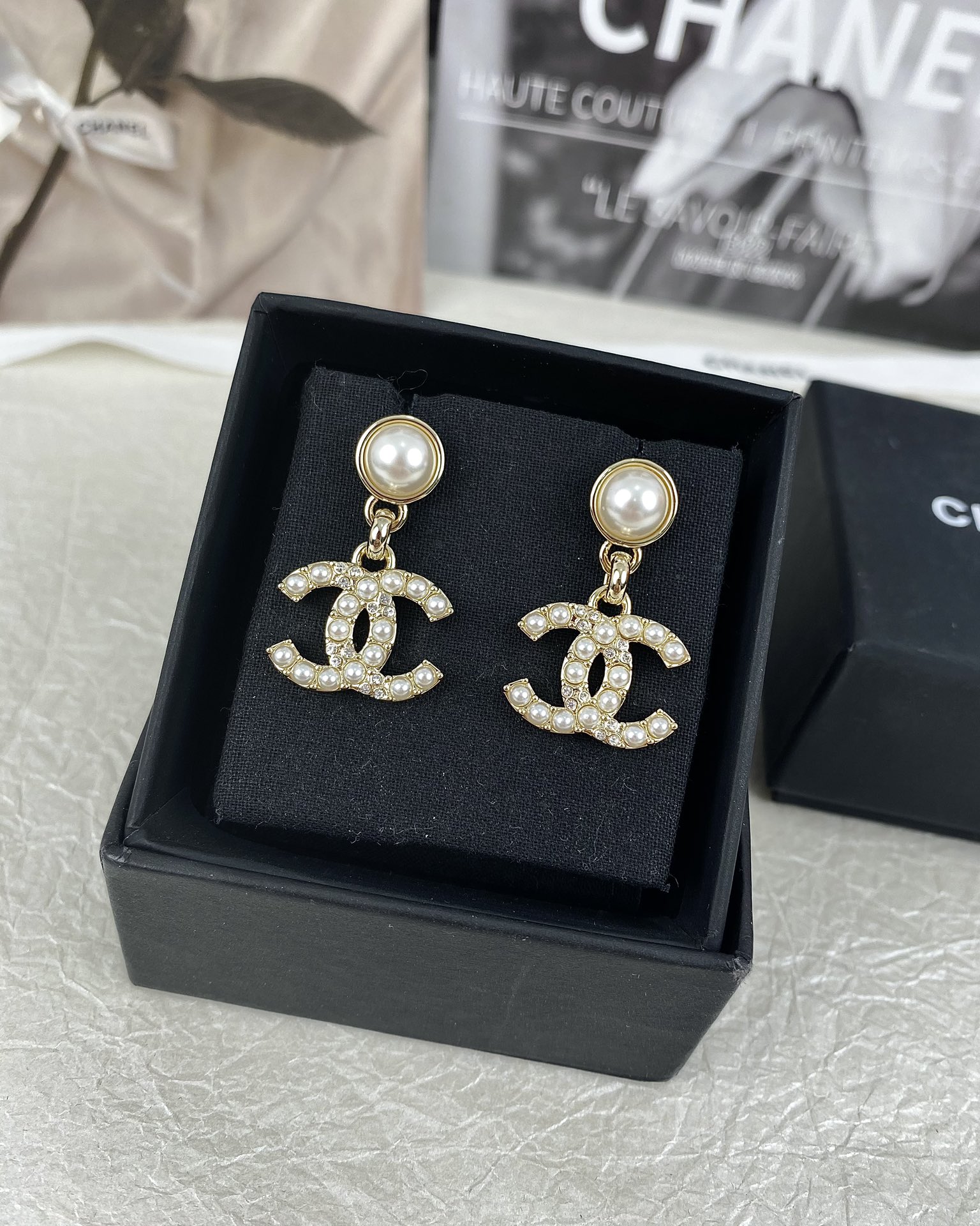 Chanel Pearl and Diamond Paved CC Dangle Earrings - Original Replica Club