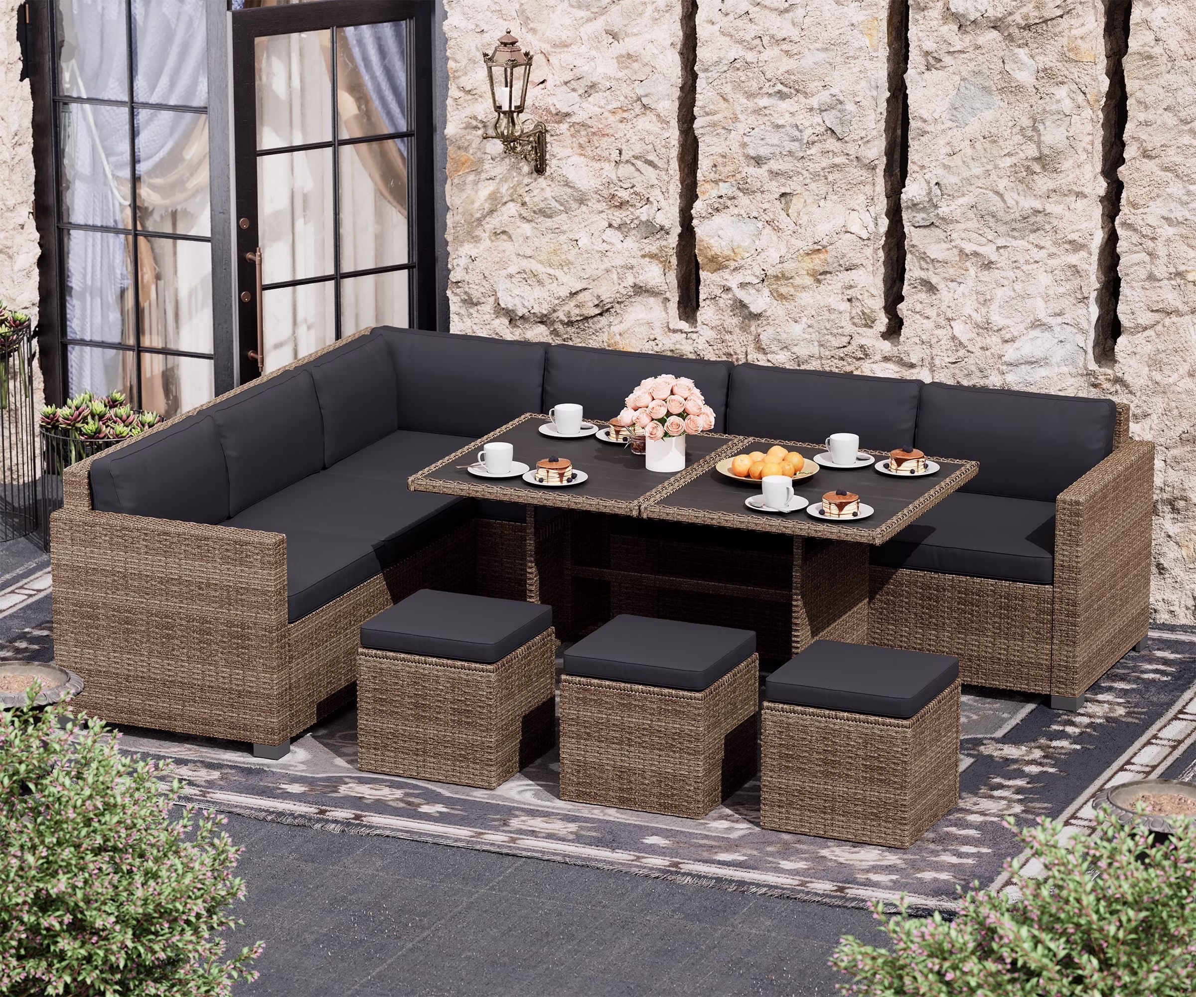 Bifanuo 7 Piece Patio Furniture Set, Outdoor Furniture Patio Sectional Sofa, All Weather PE Rattan Outdoor Sectional with Beige Cushions and Table, Black Wicker - Image 5