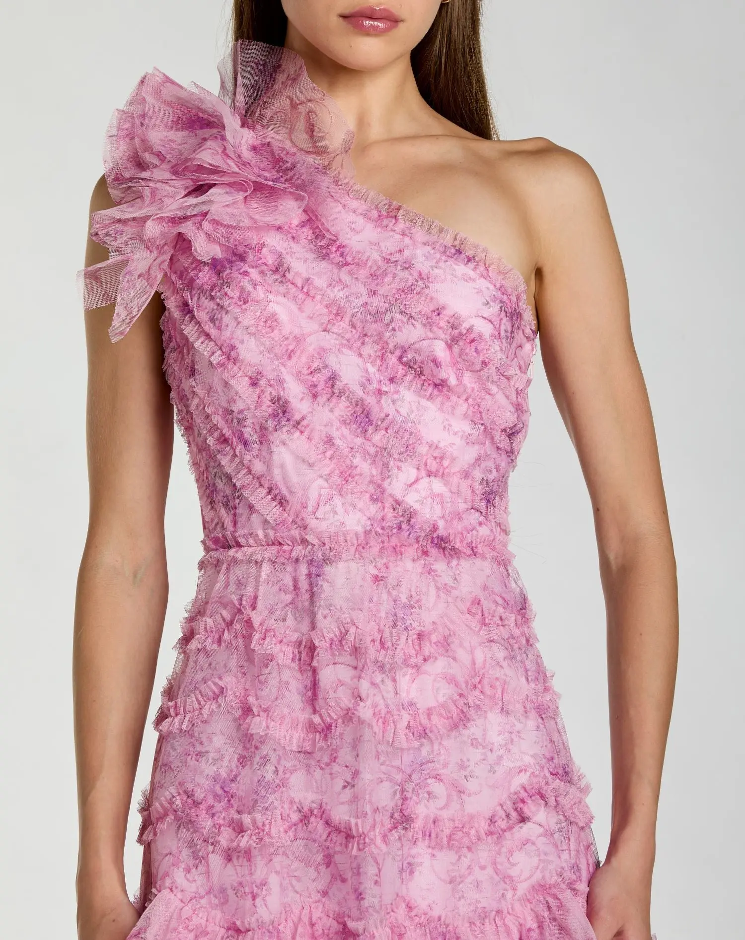 Pink Printed One Shoulder Ruffled A Line Midi Dress - Special Events Unlimited
