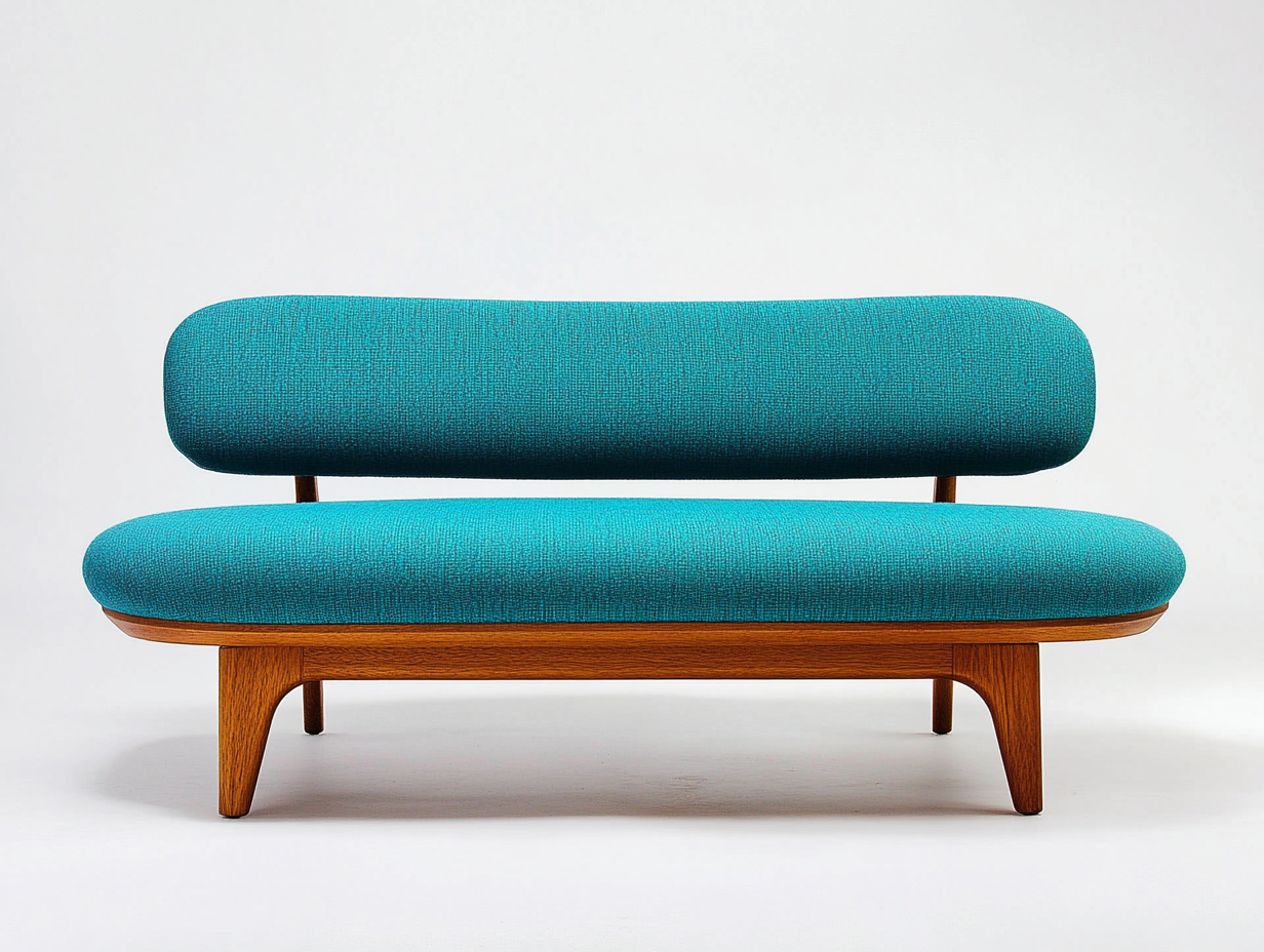 Sofá de tela azul turquesa moderno con base de madera para salón