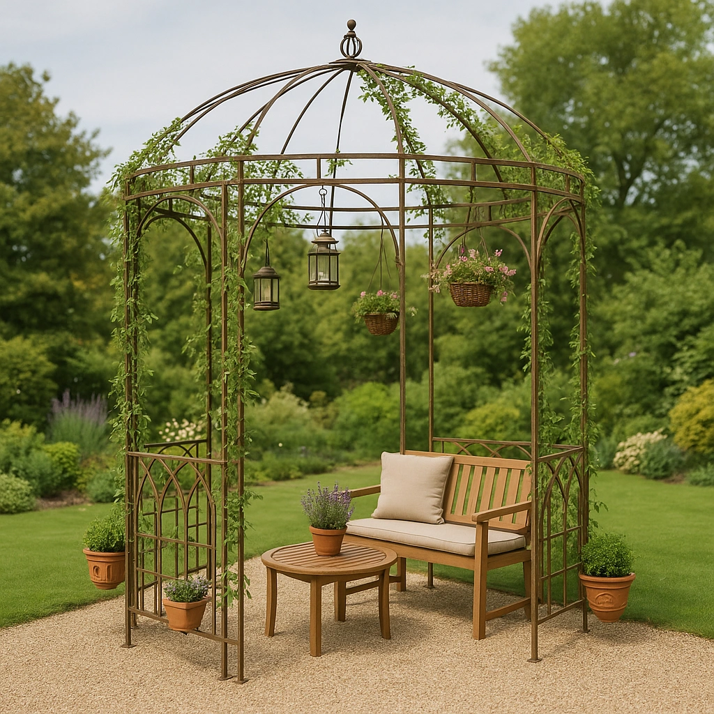 Pérgola jardín decorativa marrón metal exterior floral 240x240x320 cm