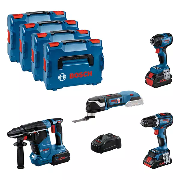 BOSCH COMBI-KIT 4 OUTILS 18V : GSR 18V-90C + GDR 18V-210C + GBH 18V-24C + GOP 18V-28 + 1 BATTERIE 4,0 AH (PROCORE) + 2 BATTERIES 5,5 AH (PROCORE) + GAL 1880CV (L) PROFESSIONAL