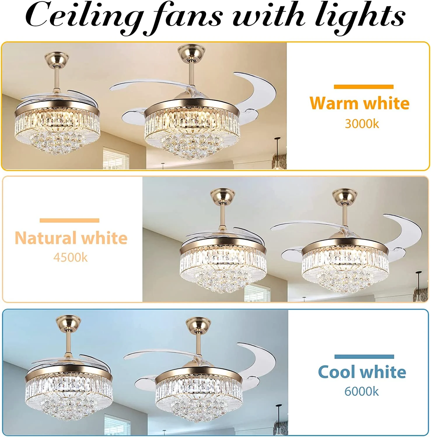 Datingday 42 Inch Crystal Ceiling Fan Golden Crystal Ceiling Fan Chandelier with Remote 6 Speeds 3 Colors Changes Lighting Fixture, 4 Blades Retractable Fans for Bedroom Living Room Dining Room - Image 10