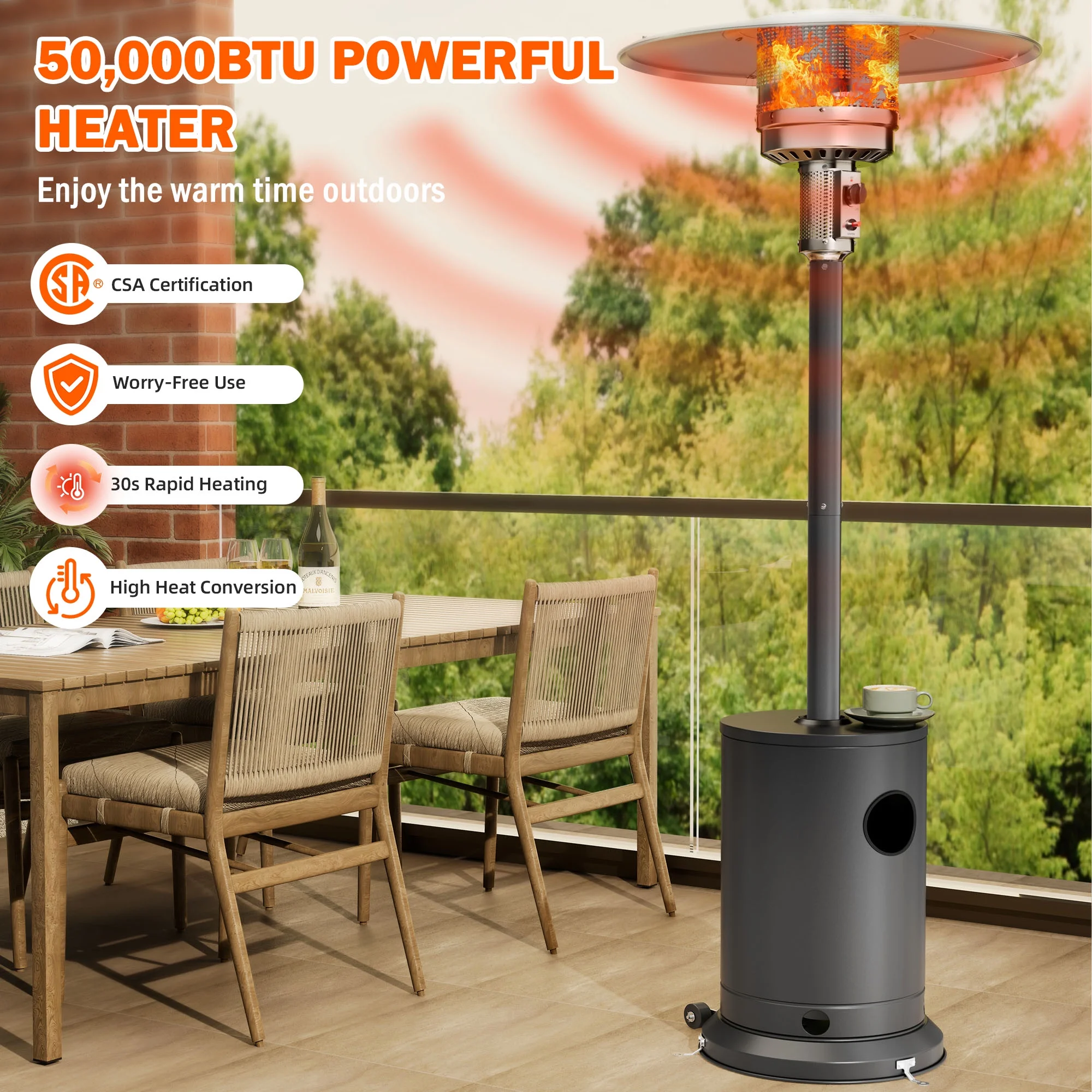 Patio Heater for Outdoor Use, 50,000BTU Propane Heater with Wheels and Adjustable Thermostat, Heavy Duty Stainless Steel Patio Heater, Freestanding Heater for Backyard, Deck, Garden, Silver - Image 2