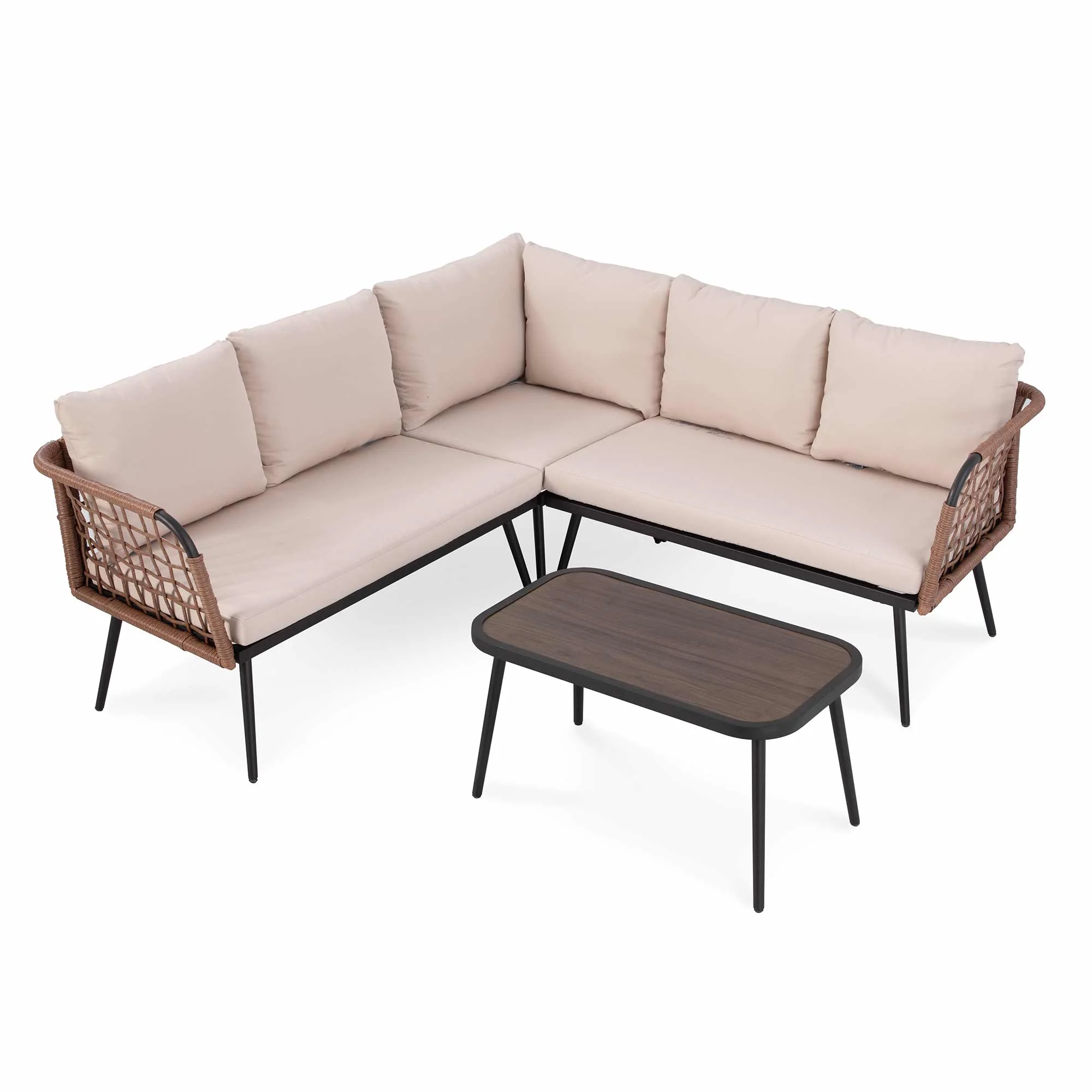 LAUSAINT HOME 4 Pieces Outdoor Conversation Sets, Patio Metal Frame Sofa with Wood Loveseat and Coffee Table, Beige Cushions - Image 18