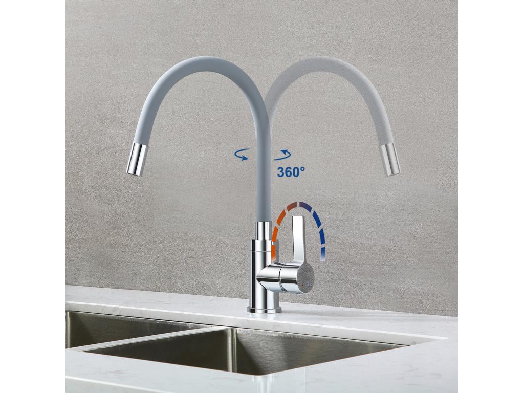 2pcs Decoromantico  Mejidor Cocina Flexible,Grifo Cocina PivotanT de 360°,con manguera de silicona flexible,grifo fregadero agua caliente y fría (gris)