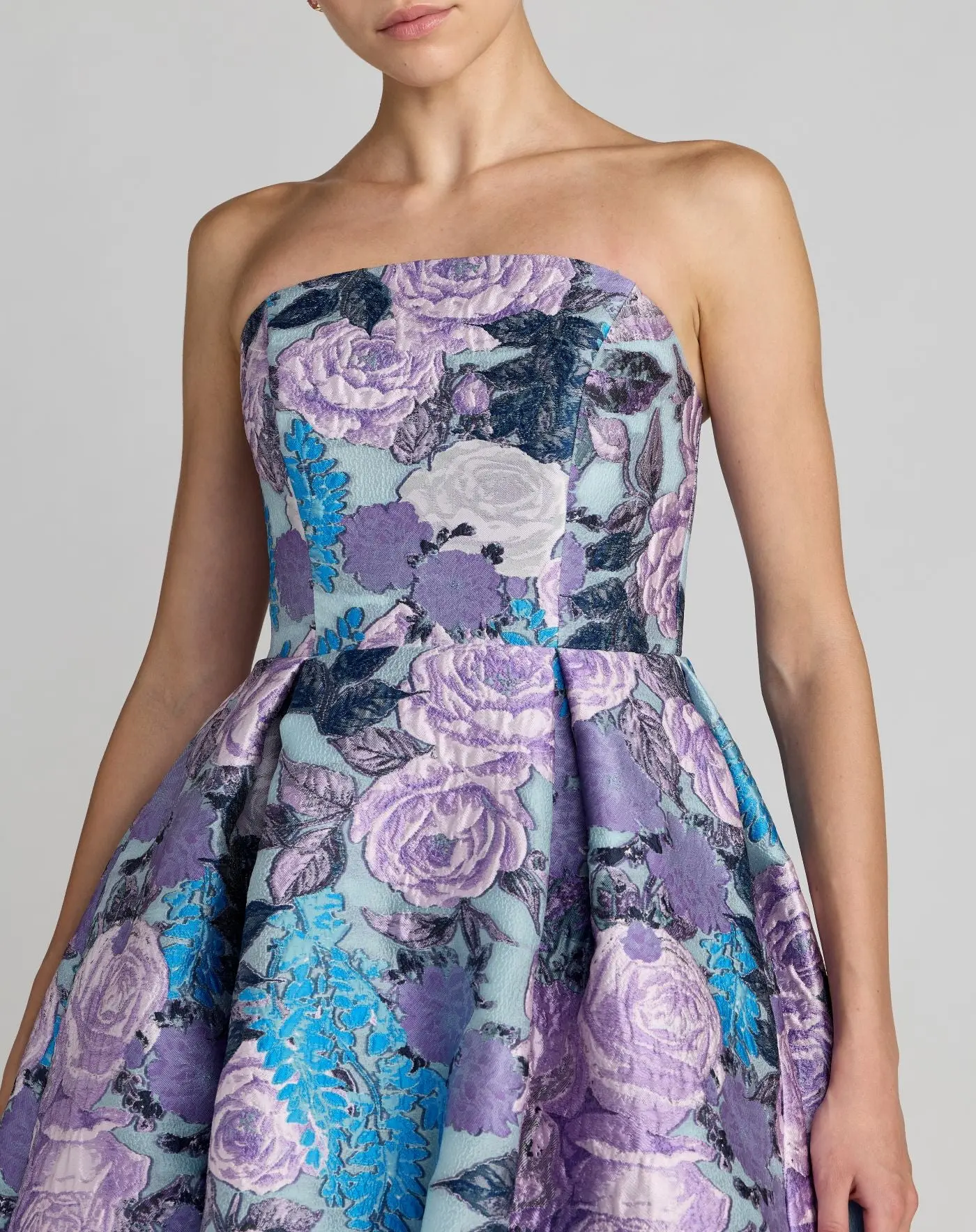 Blue Floral Brocade Strapless Midi Dress - Special Events Unlimited