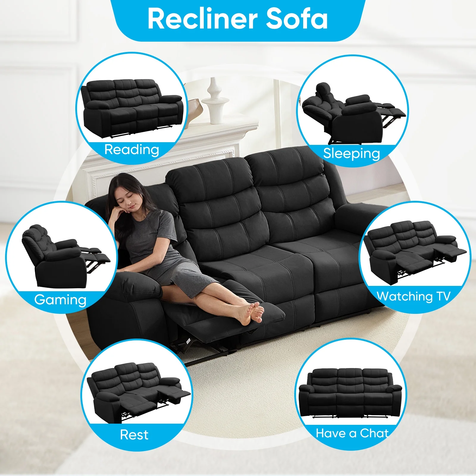 MUZZ Modern Reclining Sofa ,3-Seater Recliner Sofa with Cup Holders, Flip-Up Storage, Reversible Backrest and Footrest, Gray - Image 9
