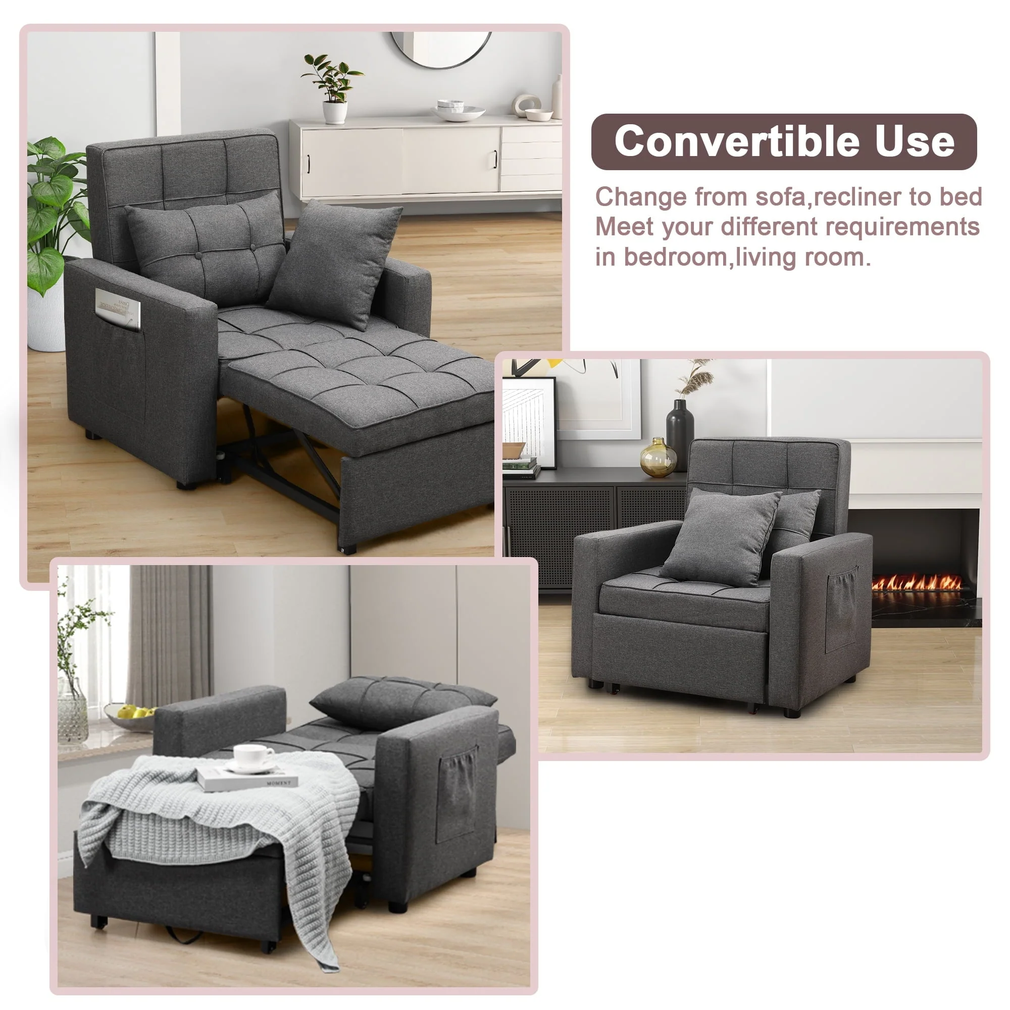 Tolead 3-in-1 Convertible Sofa Bed Sleeper Chair with Adjustable Backrest, Gray - Image 10