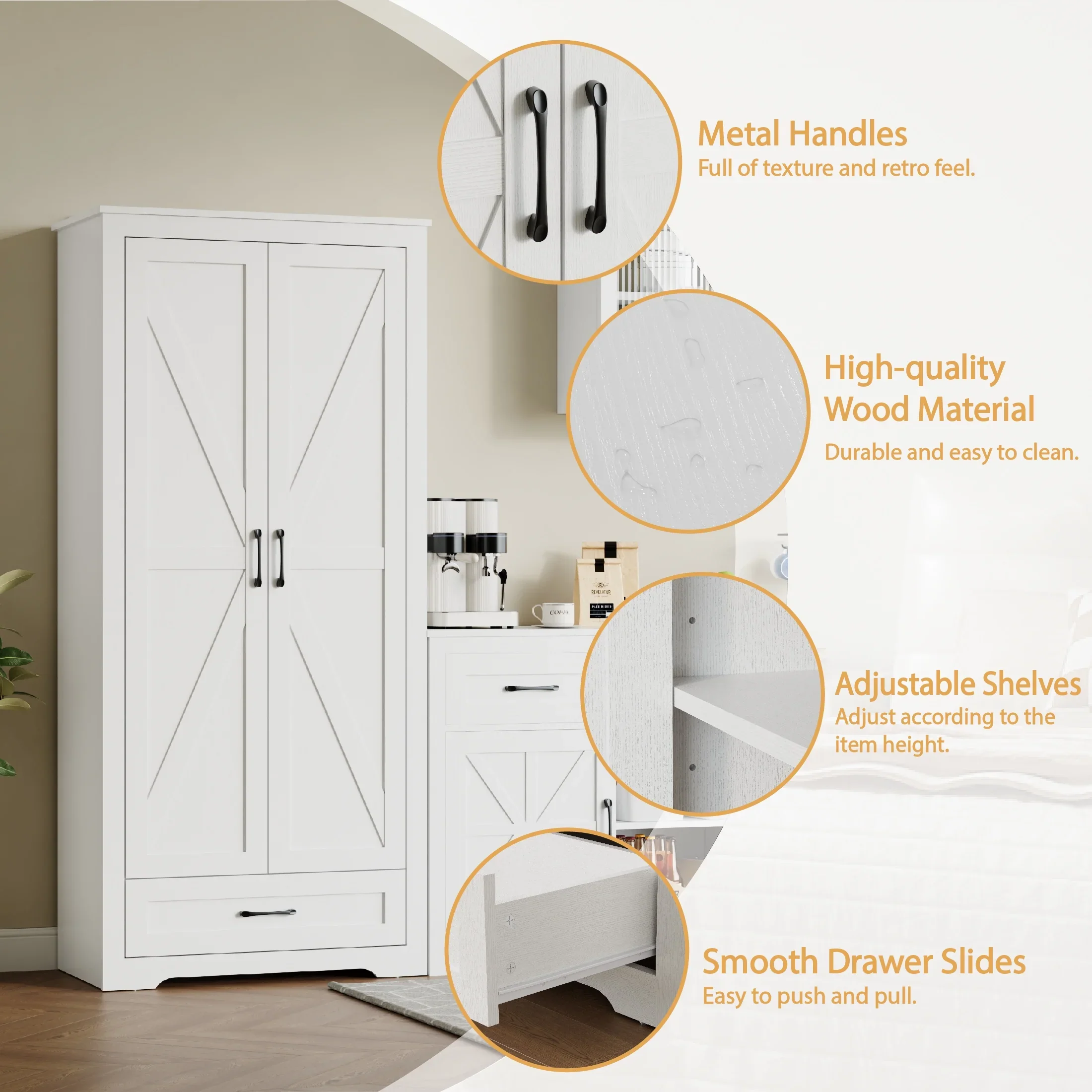 YouTrend 69" Tall Kitchen Pantry,Farmhouse Storage Cabinet with 2 Barn Doors 4 Adjustable Shelves and Large Drawer for Dining Room,Living Room,Bathroom,White