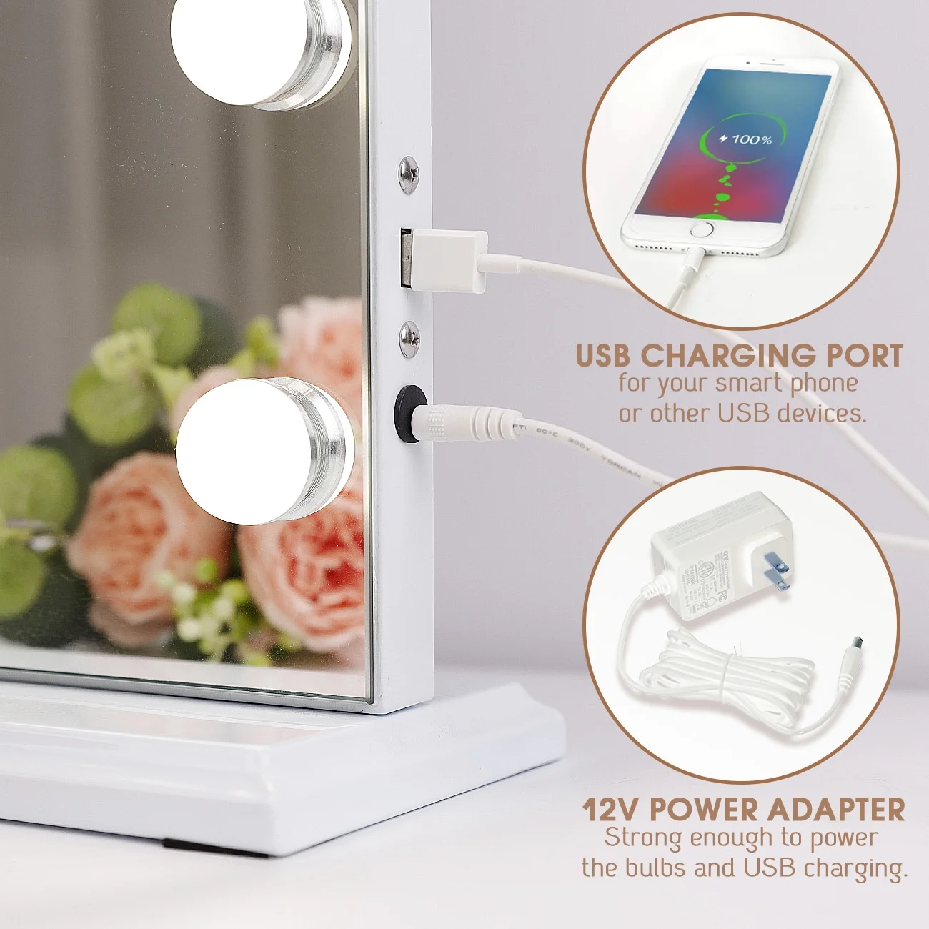 Fenchilin 32"x23" Vanity Mirror with Lights USB Charging Tabletop Wall Mount Metal White - Image 2