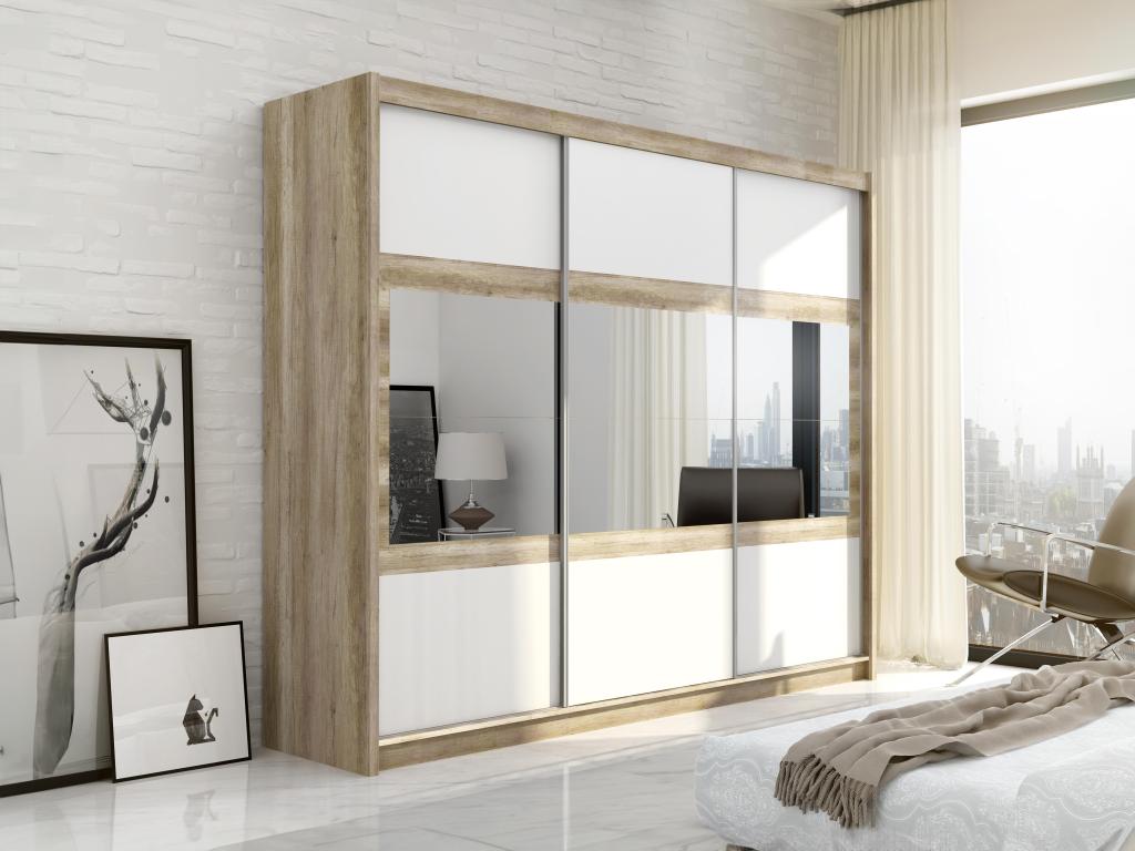 Armario de 3 puertas correderas con espejo - natural y blanco