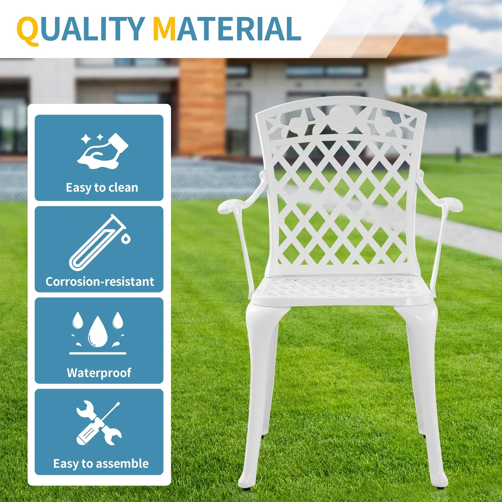 Withniture  Cast Aluminum Patio Furniture Outdoor Chairs Patio Bistro Chair Set of 2 with Armrest, Metal Chair for Garden, White