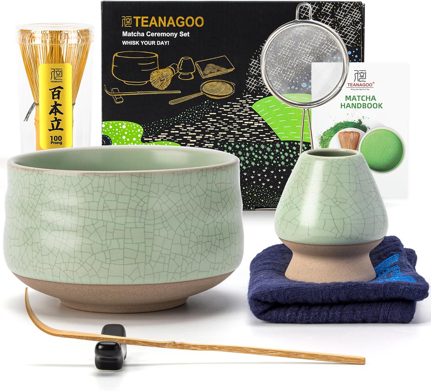 TEANAGOO Matcha Whisk Set, 7 Pcs Matcha Set Blue, Matcha Kit for Ceremony, Matcha Tea Set for Making Breakfast/Latte, Ceramic Matcha Bowl(chawan) whith Spout and Whisk, Gift for Friend/Family