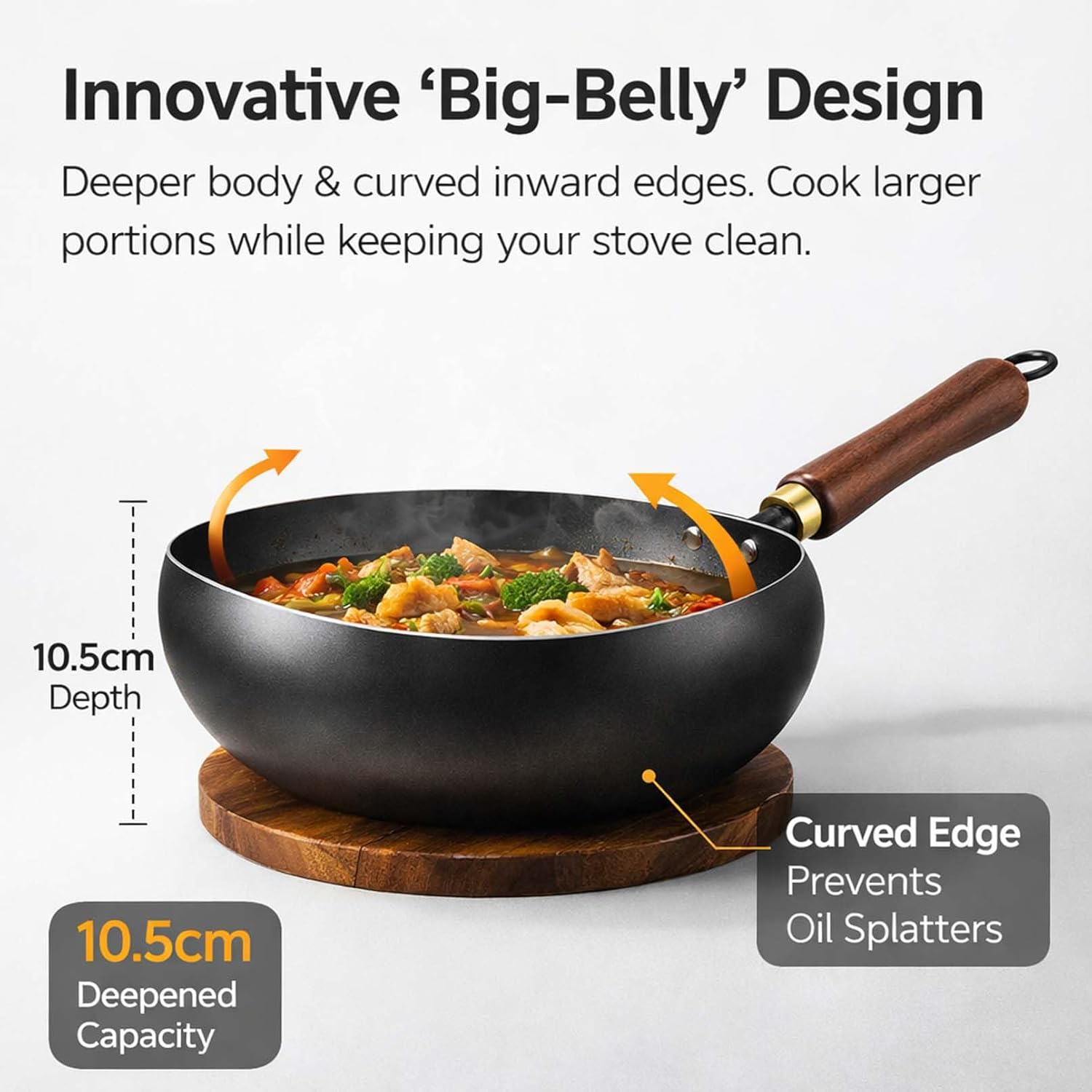 Traditional Forged Big-Belly Pot - Japanese-Style Big Belly Iron Wok with Lid, Nitrided Rust-Resistant & Uncoated Non-Stick Deep Frying Pan- Includes Wooden Spatula (No pot lid,24cm)