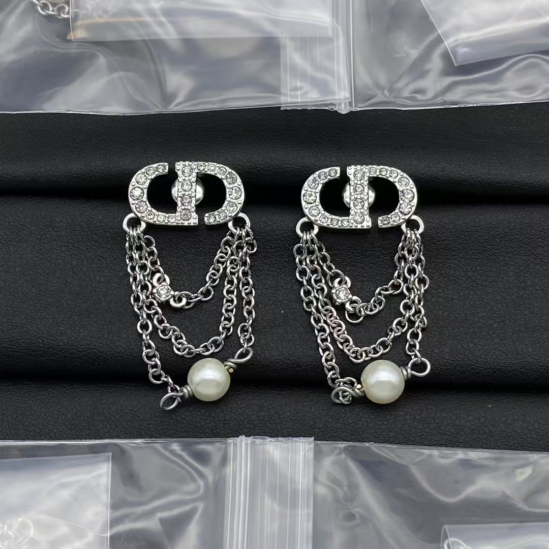 Dior CD Stud Earrings with Chains Dangle - Original Replica Club