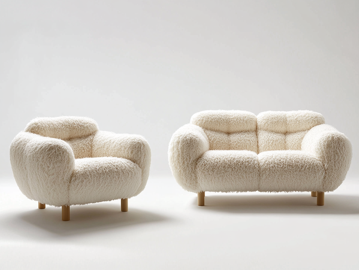 Conjunto de sofá de dos plazas y sillón – tapizado en borreguillo beige – patas de madera – estilo escandinavo acogedor