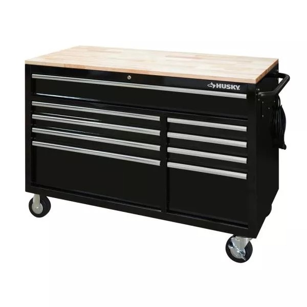 52 IN. W 9-DRAWER, DEEP TOOL CHEST MOBILE WORKBENCH IN GLOSS BLACK WITH HARDWOOD TOP