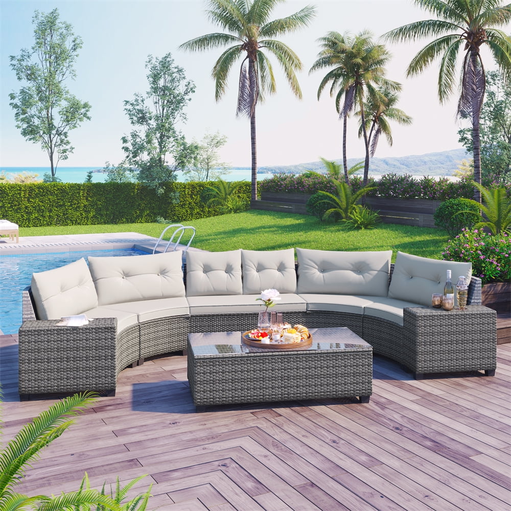 8 Pieces Outdoor Wicker Round Furniture Set, All Weather Half-Moon Sectional Patio Sofa Sets with Rectangular Coffee Table, Beige - Image 6