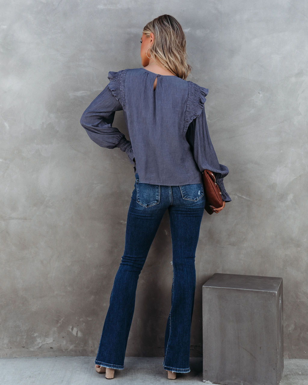 Justina Crinkle Ruffle Shoulder Top - Charcoal - Se7enfashion
