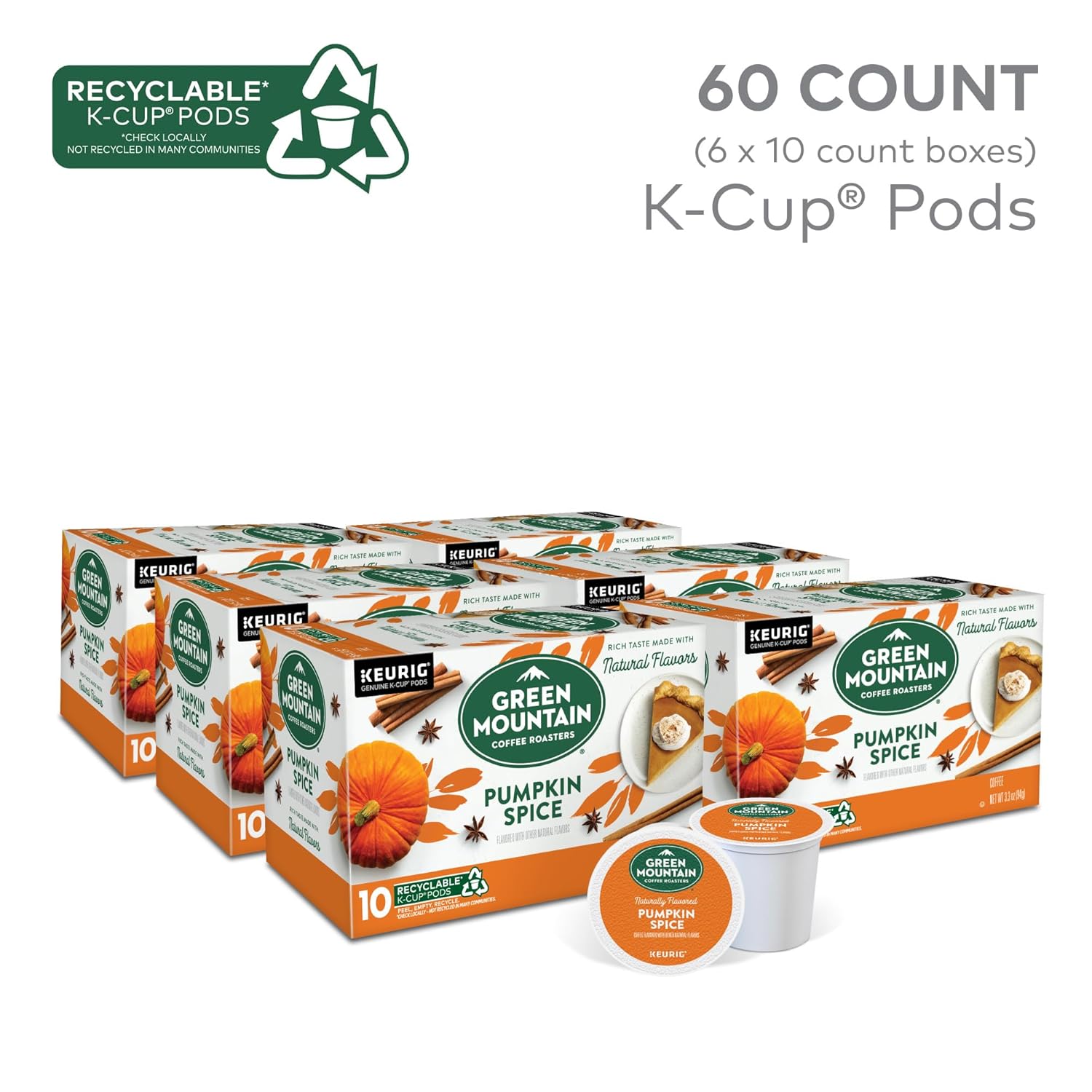 Green Mountain Coffee Roasters Pumpkin Spice. Keurig Single-Serve K-Cup Pods. Light Roast Coffee. 60 Count (6 Packs of 10)