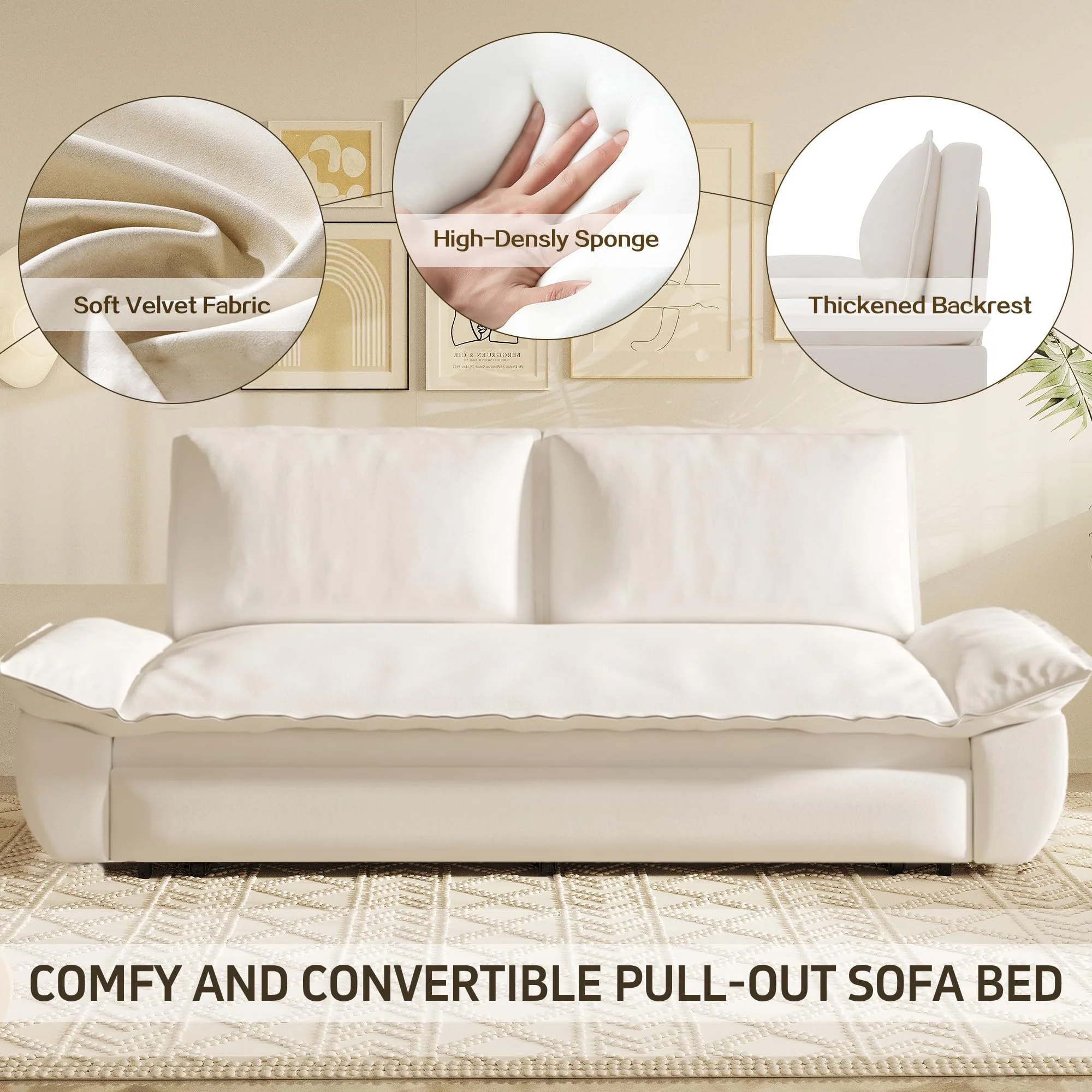 Tabaray 63.8" Futon Sofa Bed Queen Size, Pull Out Bed, 3-in-1 Convertible Sleeper Sofa with Side Pocket, Modern Plush Velvet Futon Couch for Living Room, Small Space, Apartment, Bedroom, Black - Image 38