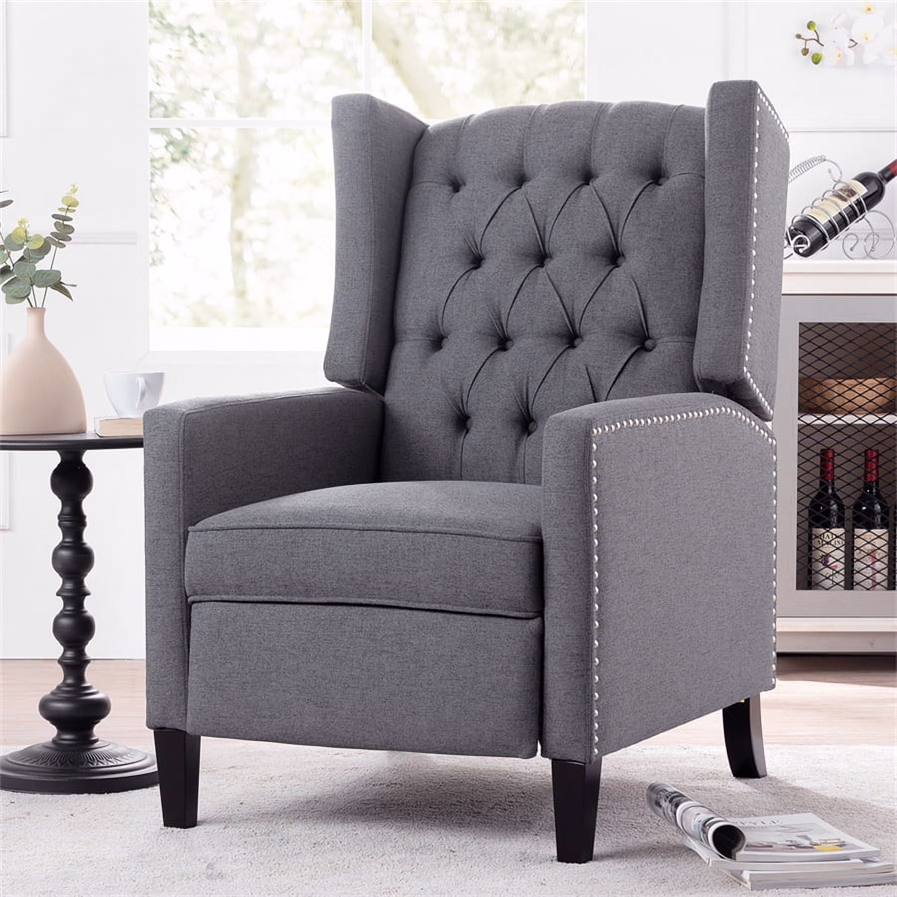 Triple Tree Modern Fabric Foam Wood Solid Print Nailhead Trim Accent Chair, Beige - Image 5