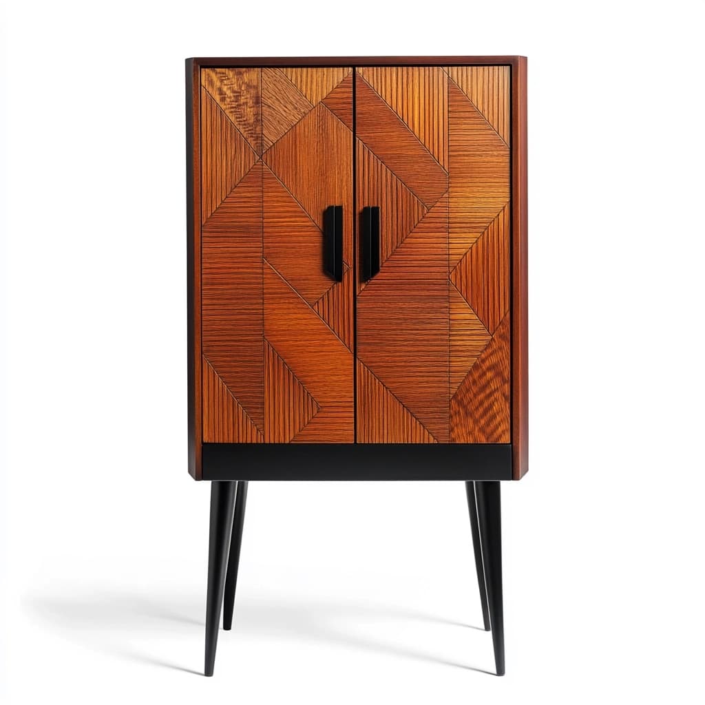 Armario auxiliar para salón de madera maciza diseño geométrico patas altas color marrón y negro