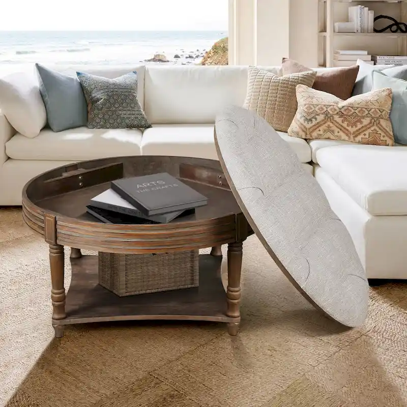 Round Storage Ottoman Coffee Table with Tufted Seat and Wooden Base
