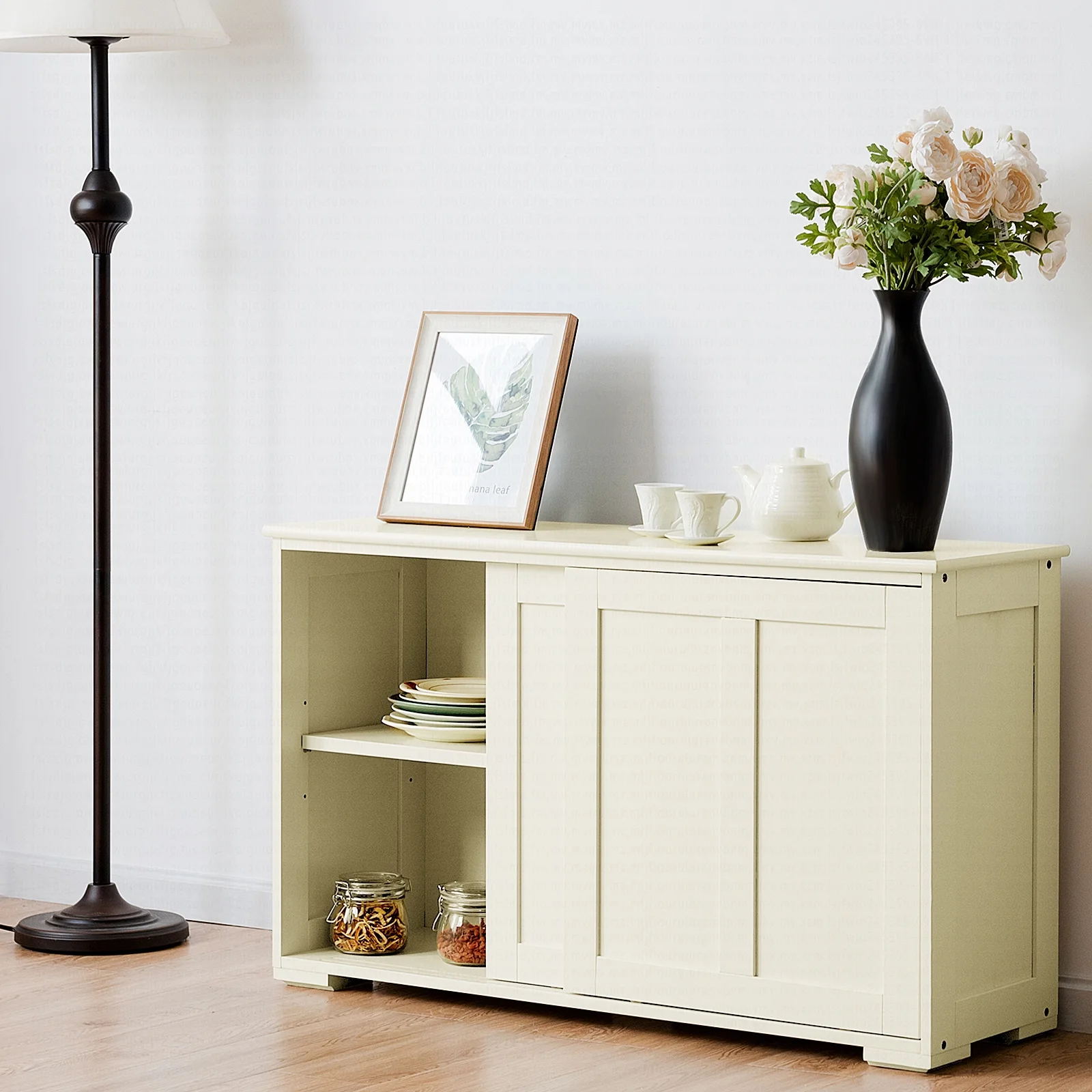 Costway Kitchen Storage Cabinet Sideboard Buffet Cupboard Wood Sliding Door Pantry White - Image 2