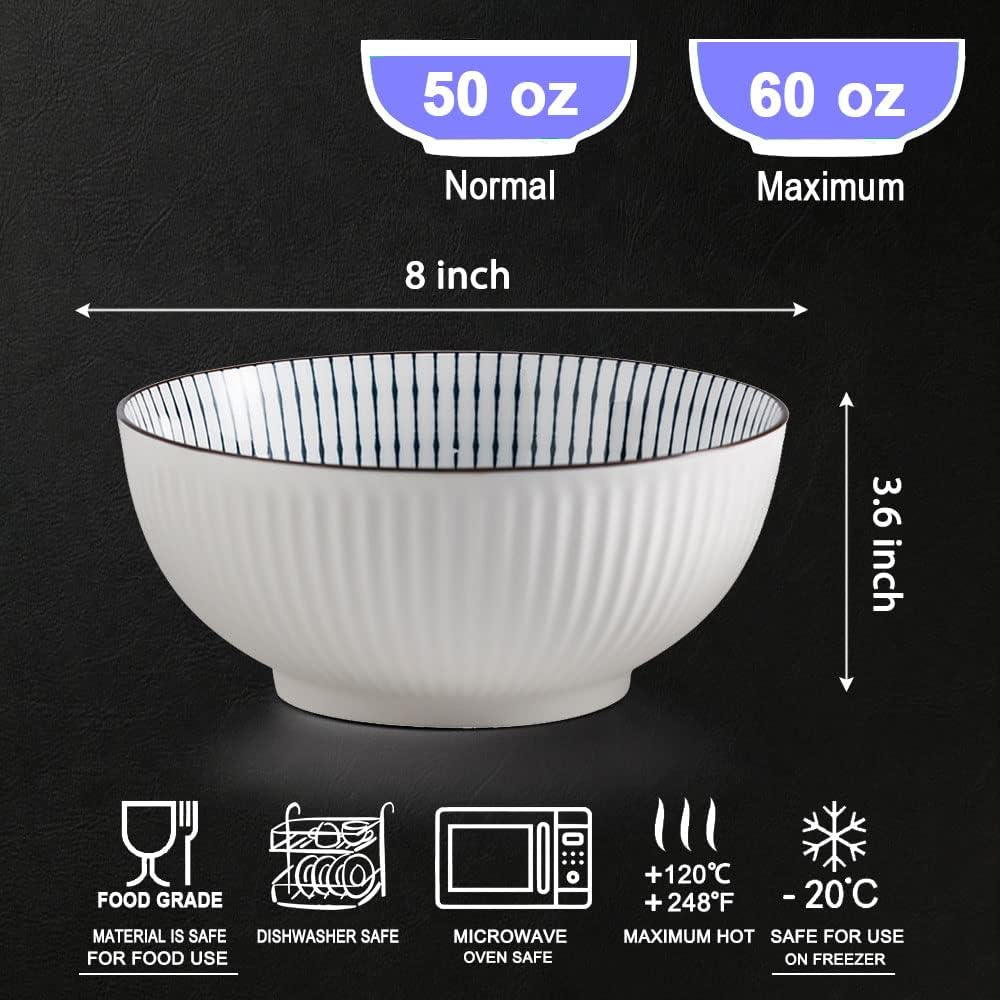 Houlu 60 oz Pho Bowls, Large Soup Bowl, Japanese Ramen Bowl Set, 8 inches Big Porcelain Bowls Set of 3, Mixing Pattern