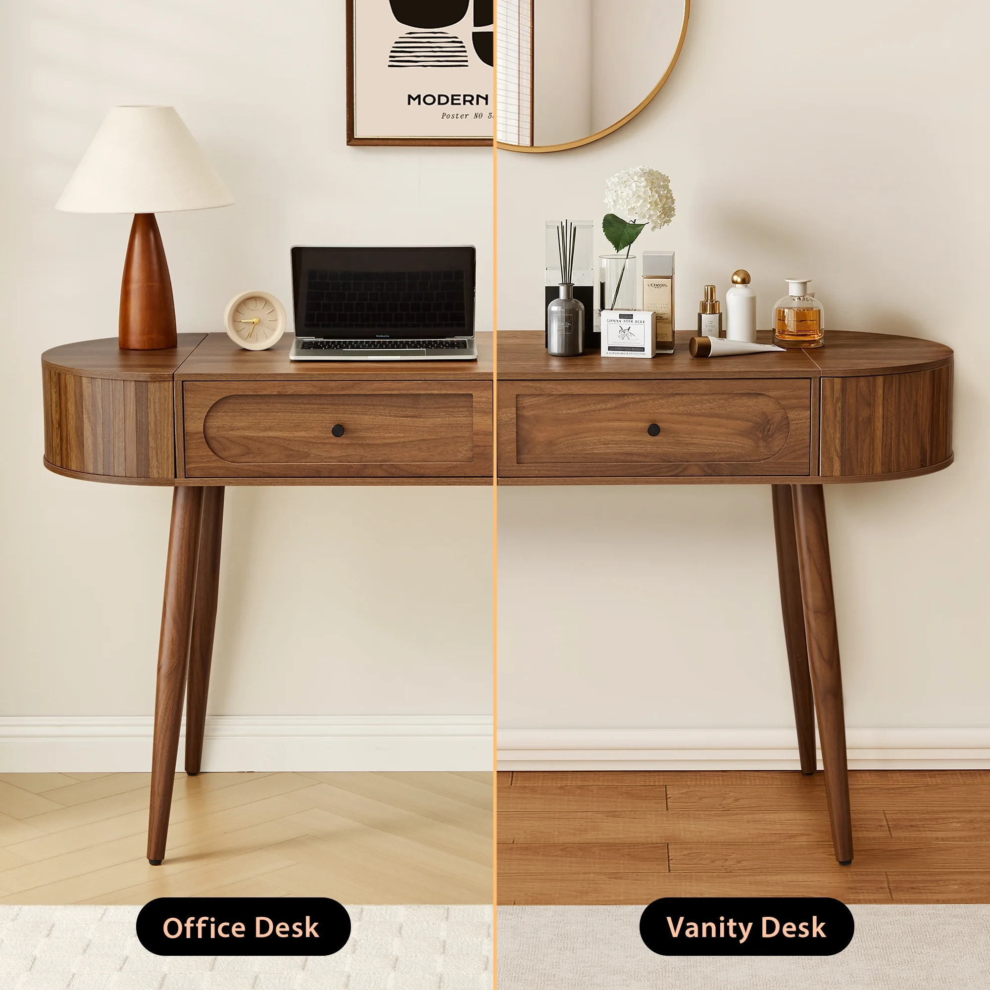 YOCWO Modern Home Office Desk with 2 Drawers and 2 Fflip-top Storage, Oval Computer PC Desk Table, Vanity Desk with Fluted Curved Table Edge, Walnut - Image 5