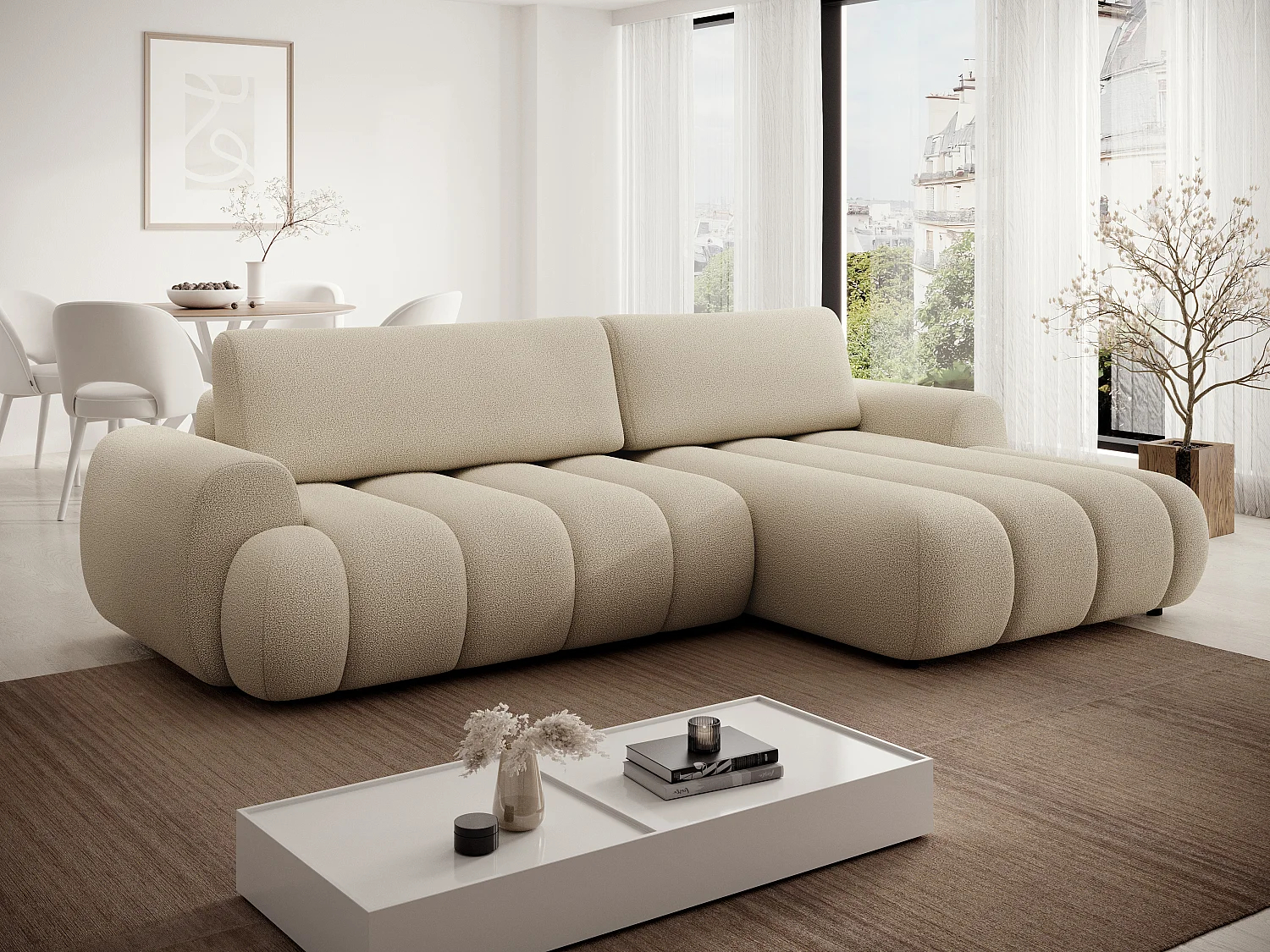 Sofá rinconera derecha de tela beige FRIDORA