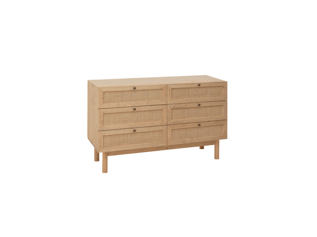Cómoda de madera maciza y rafia 6 cajones en tono roble medio 120x76cm - FRIDA - Tucasago