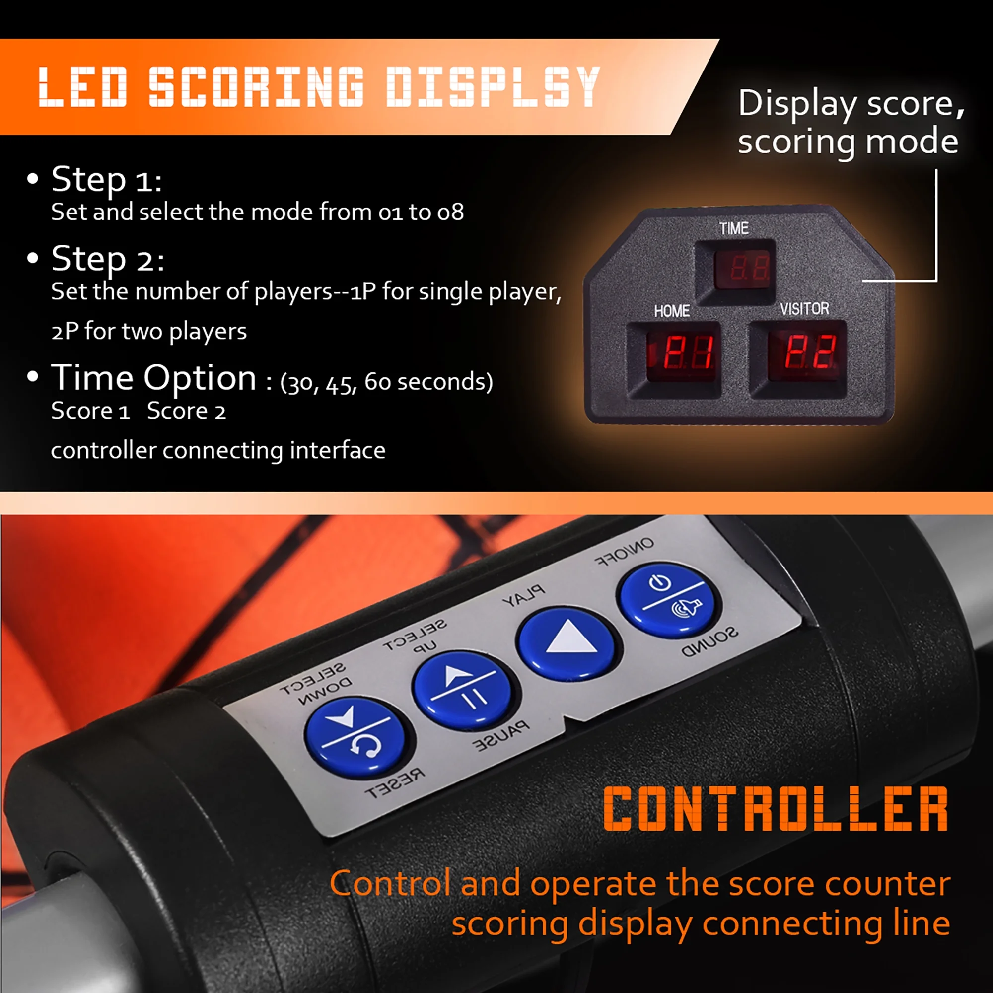 Costway Dual LED Electronic Shot Basketball Arcade Game with 8 Game Modes 4 Balls Foldable Grey - Image 6