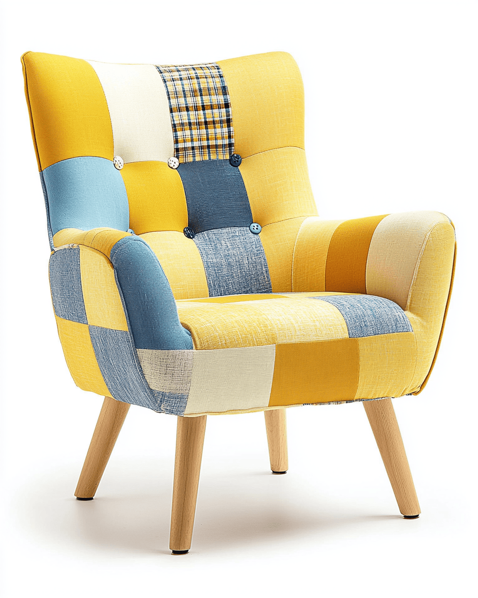 Sillón tapizado patchwork multicolor – estilo retro escandinavo – con patas de madera