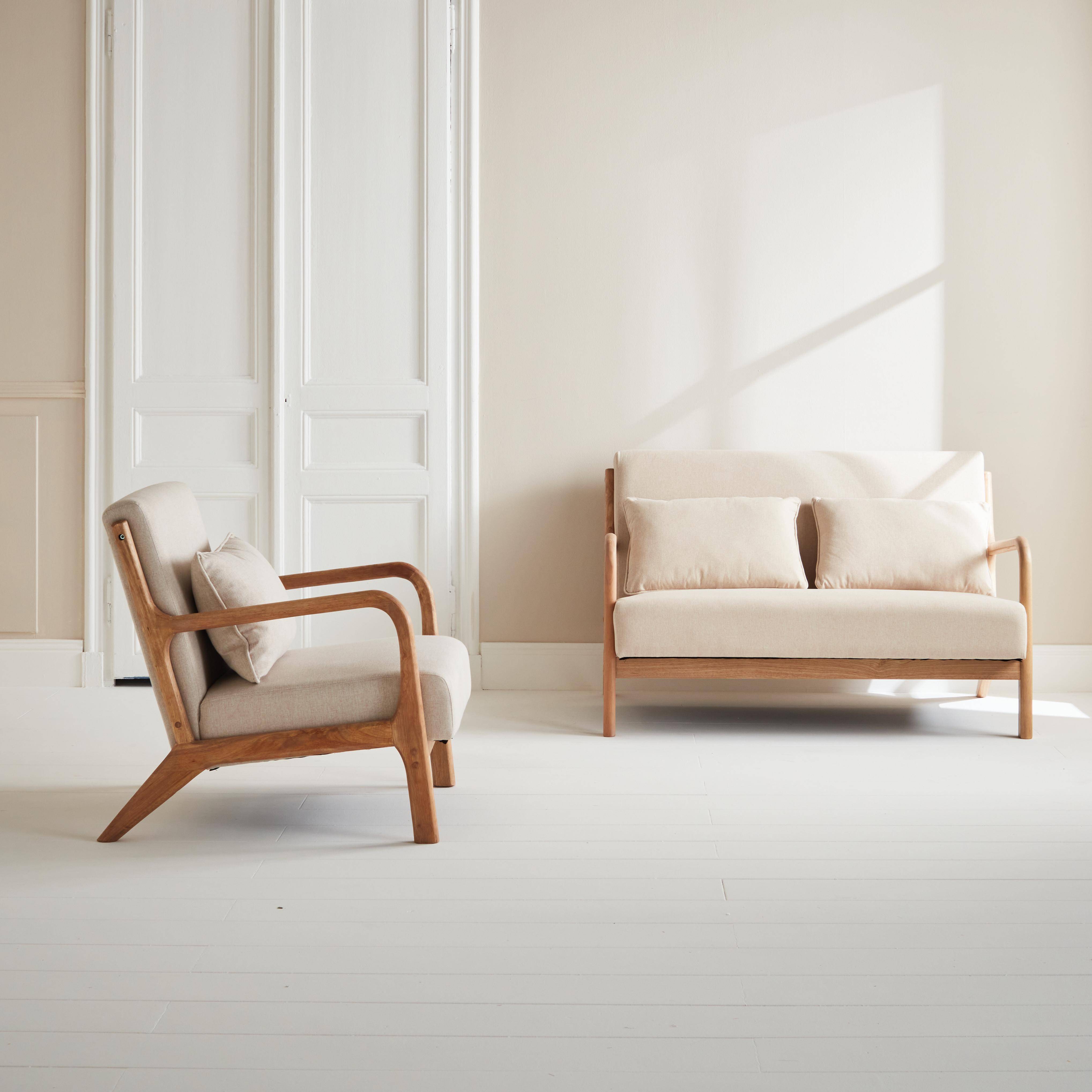 Lorens - Banqueta de 2 plazas + sillón de tela beige y madera