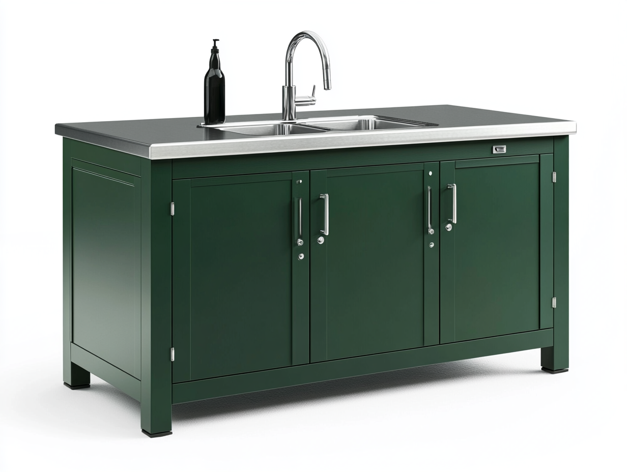 Mueble de cocina con doble fregadero – encimera de acero inoxidable – armario verde de 3 puertas